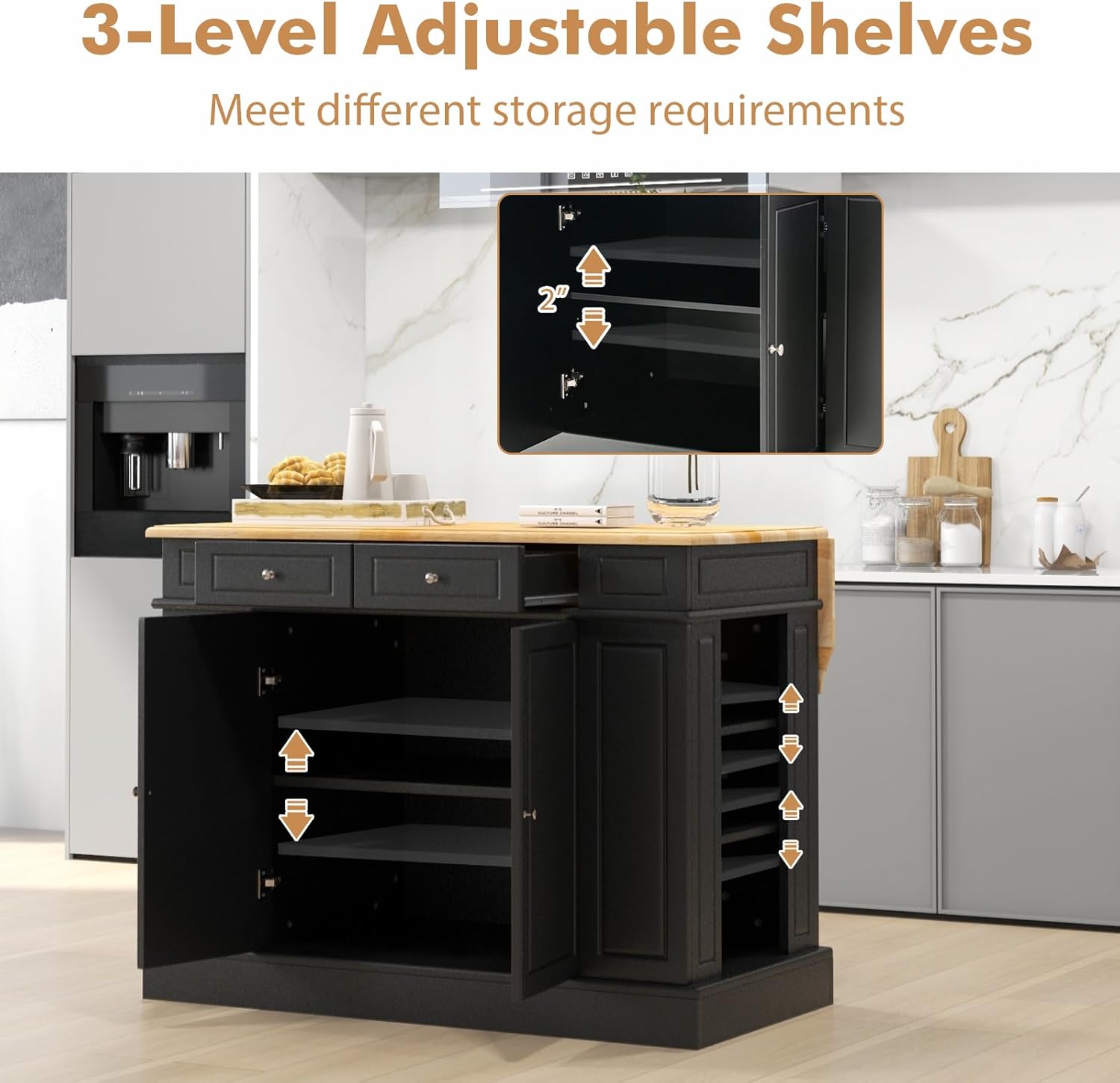 DORTALA Kitchen Island with Drop Leaf, Kitchen Island Table with Rubber Wood Butcher Block Countertop, 2 Drawers, Spice Racks & Adjustable Storage Cabinet, Coffee Bar Cabinet for Dining Room, Black