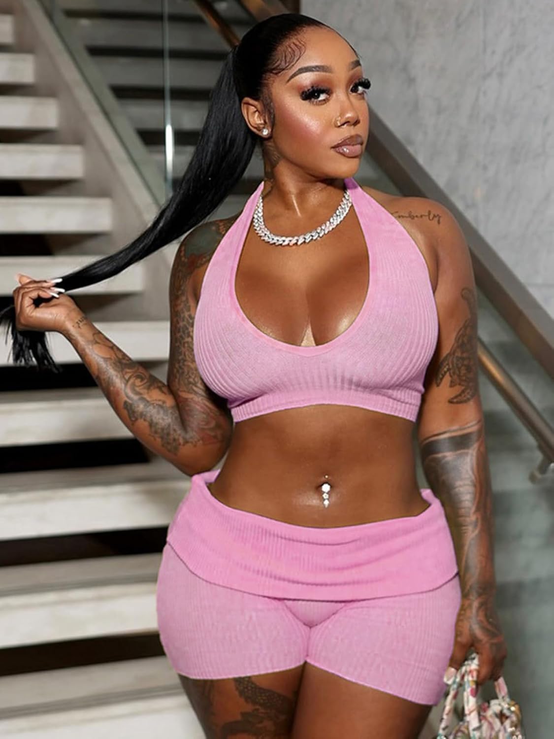 2 Piece Sets for Women Ribbed Knit Sleeveless Hollow Tie Down Back Halter Top and Fold Over Shorts Bodycon Cute Set - Image 2