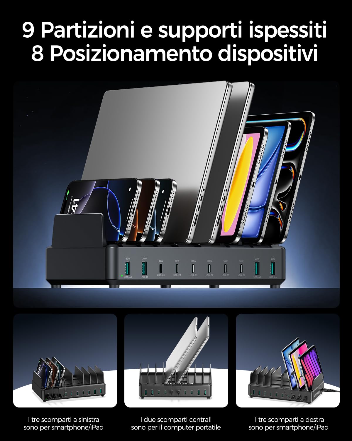 Stazione di Ricarica 400W Multi-dispositivo Rocoren da, PD100W USB C GaN 10 Porte Stazione di Ricarica per Telefoni Cellulari, Caricabatterie da Tavolo Compatibile con MacBook Pro/Air, iPh0ne, Galaxy