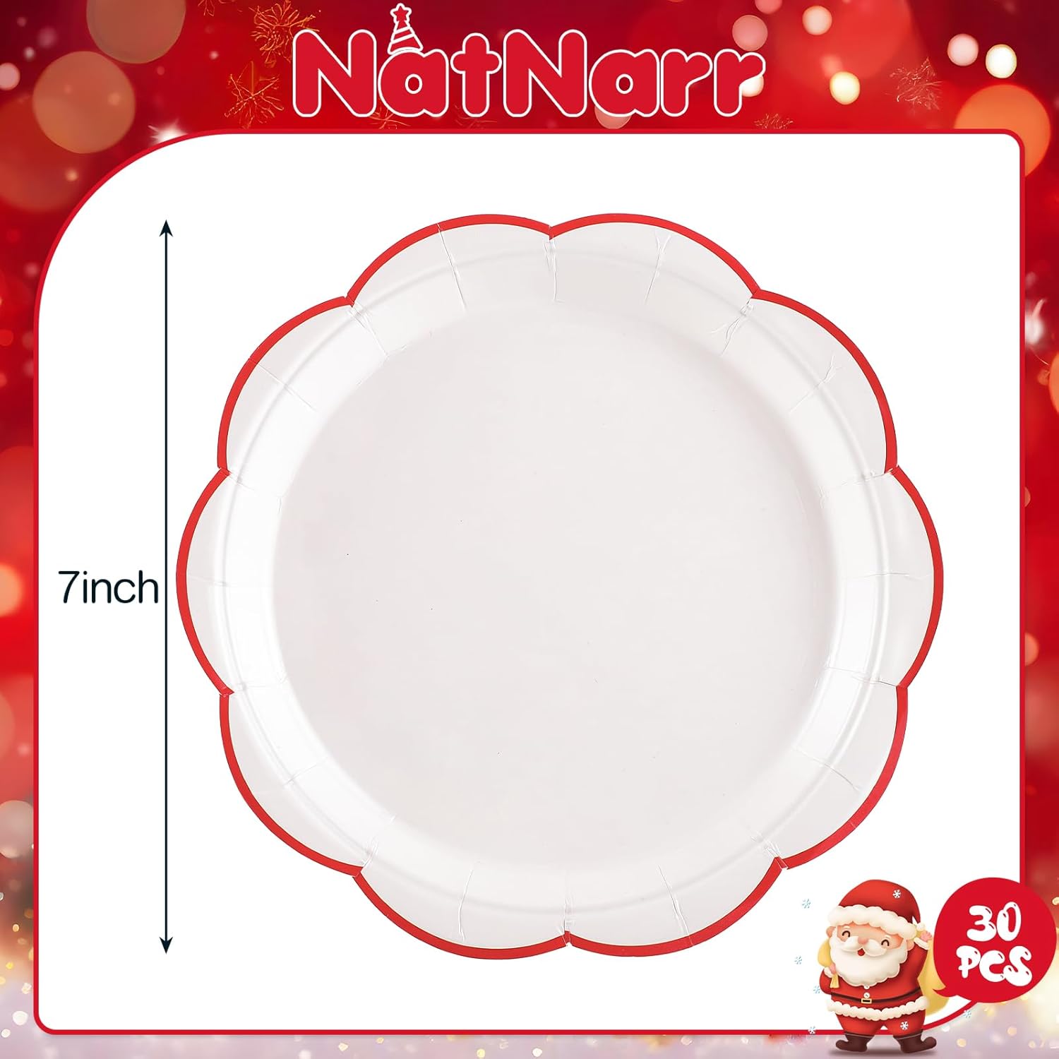 NatNarr 30 Pcs Red and White Paper Plates, 7 Inch White Plates with Red Trim Scalloped Valentine’s Paper Plate Disposable for Valentine's Day, Baby Shower, Wedding, Bridal Shower (Pack of 2)