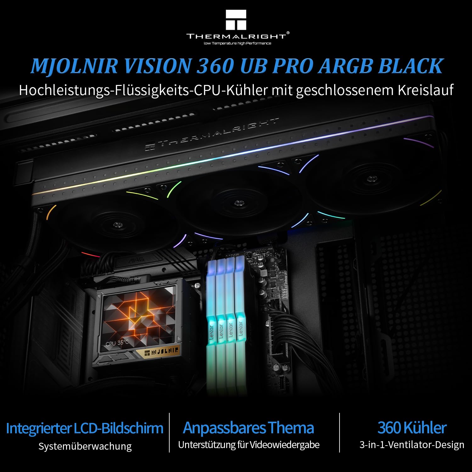 Thermalright Mjolnir Vision 360 UB PRO ARGB czarna chłodnica CPU-Aio, specyfikacja 360, system chłodzenia wody z wentylatorem liniowym, ekran LCD 3,5" o rozdzielczości 640 x 480 do AM4/AM5; Intel
