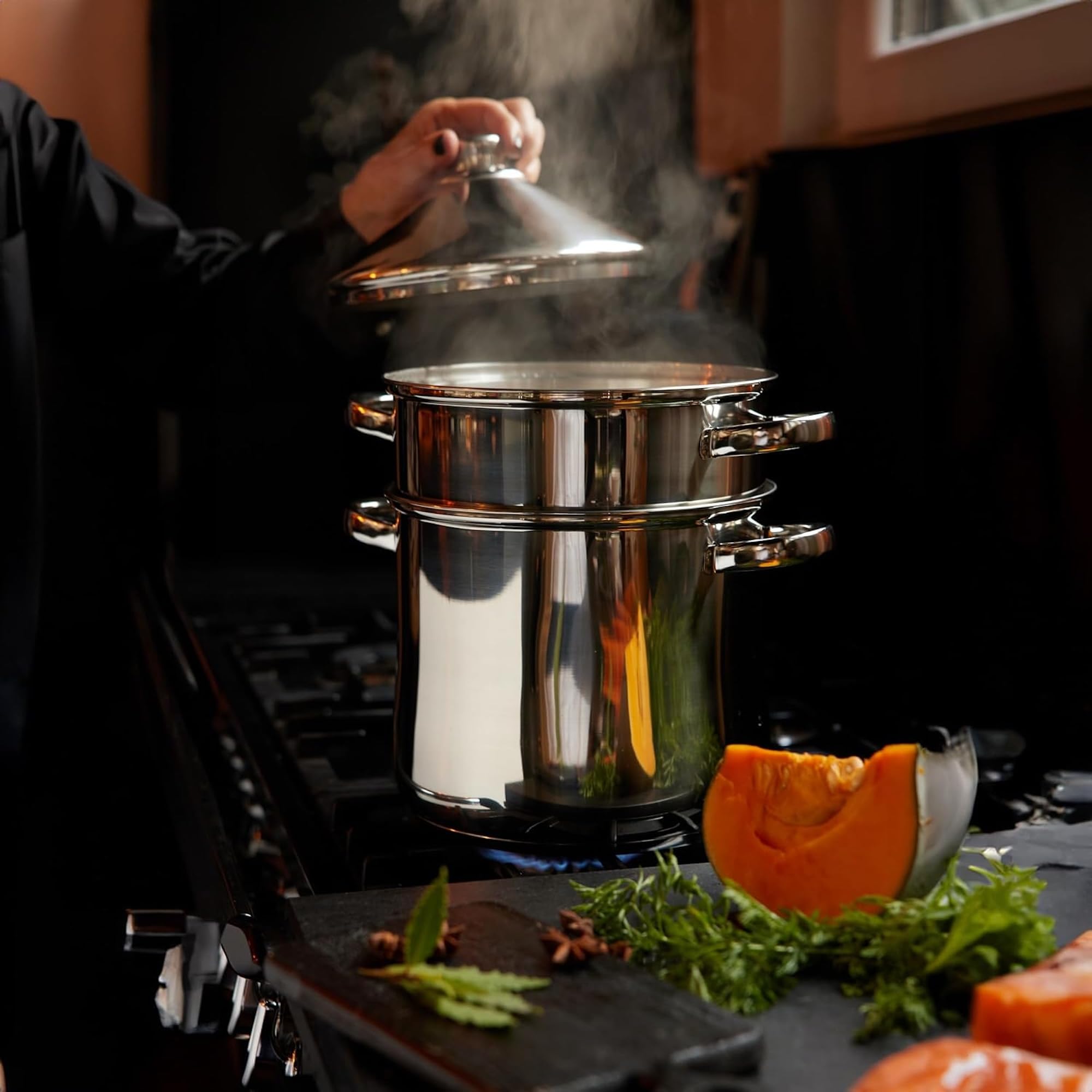 Baumalu - Couscoussier Tajine en Acier Inoxydable - Couvercle et Poignées Inox - Tous Feux dont Induction - Triple Fond Diffuseur - Ø22cm, 9L