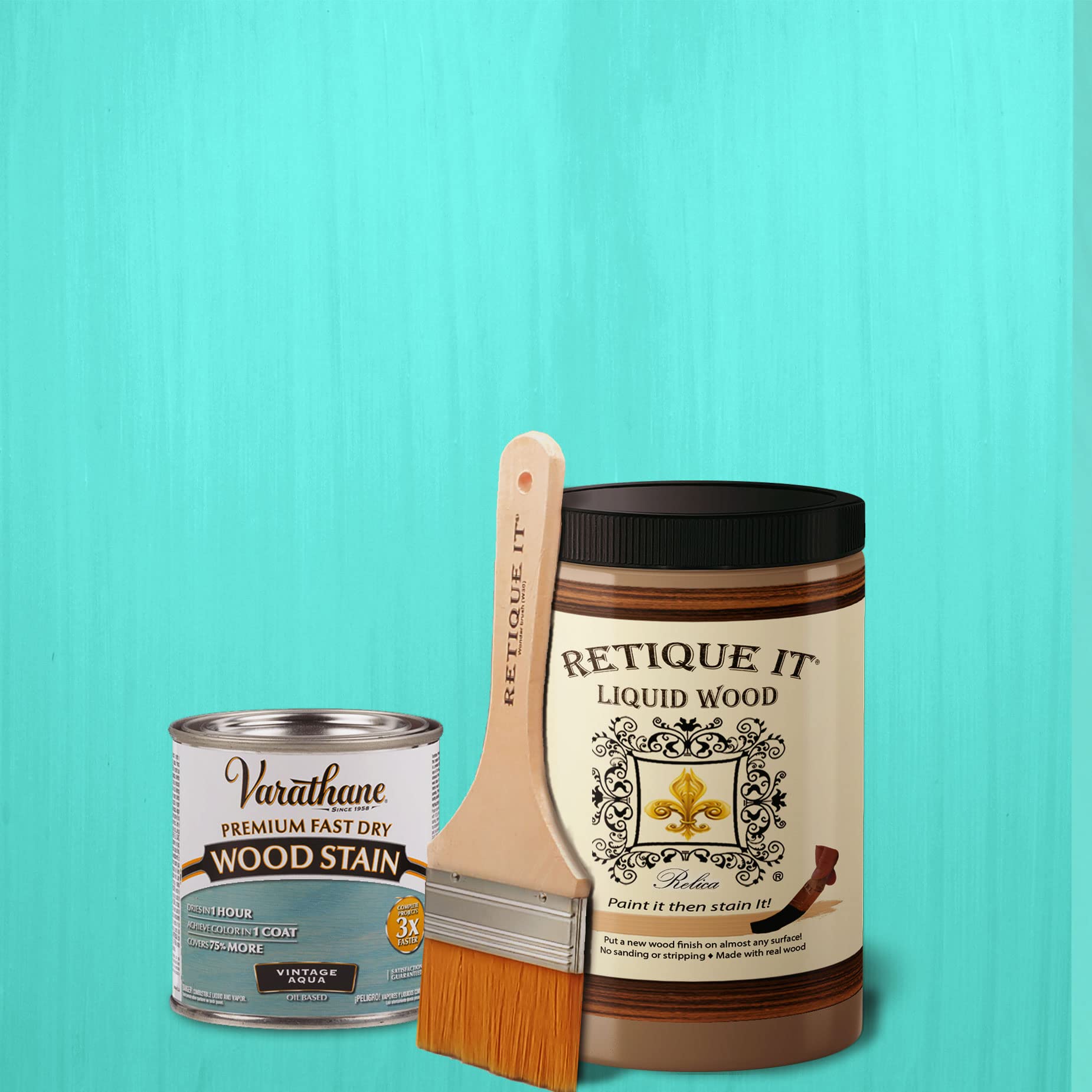 Retique It Liquid Wood - Quart Light Wood w/Vintage Aqua Stain-Stainable Wood Fiber Paint-Put a fresh coat of wood on it (32oz LW Vintage Aqua)