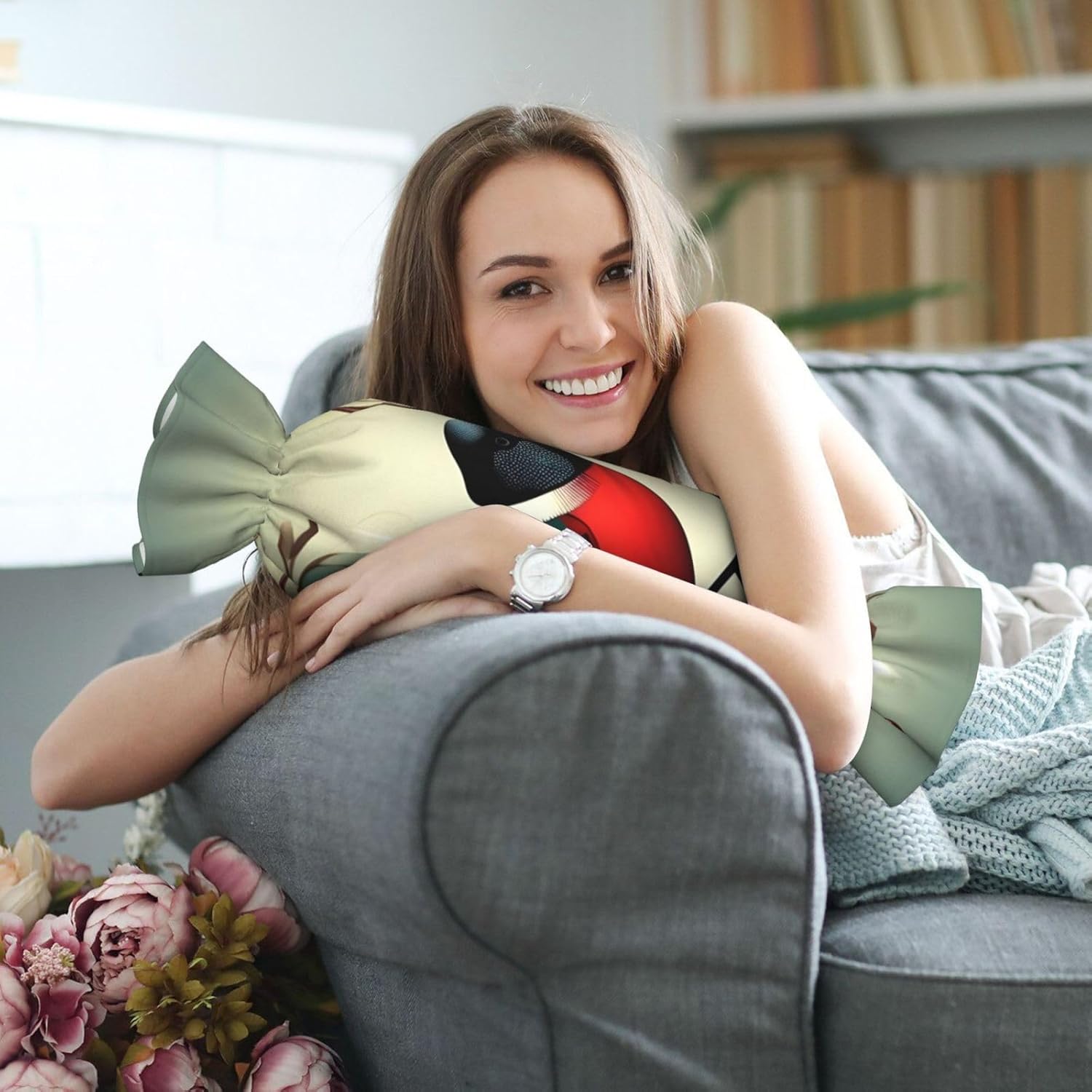 Teal Birds Musical Note Print Candy Cylindrical Comfortable Pillow Throw Pillows Home Decor Easy Maintenance