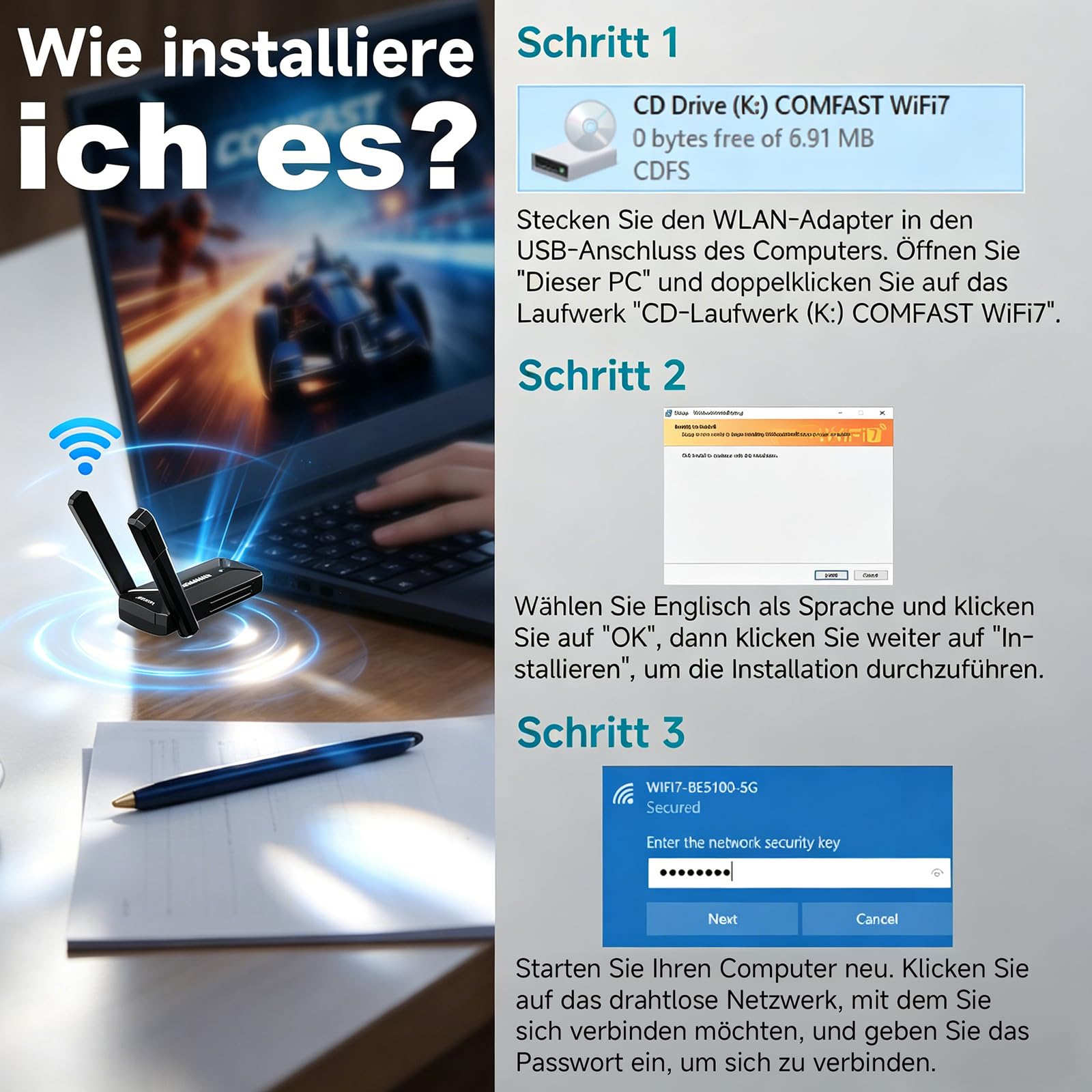 COMFAST WLAN Stick, USB 3.0 USB WLAN Adapter WiFi 7 6500 Mbit Dreifachband | mit Doppelantennen, OFDMA & MU-MIMO, WPA3, kompatibel mit Win10/11, treiberfrei sofort einsatzbereit für Desktop Laptop