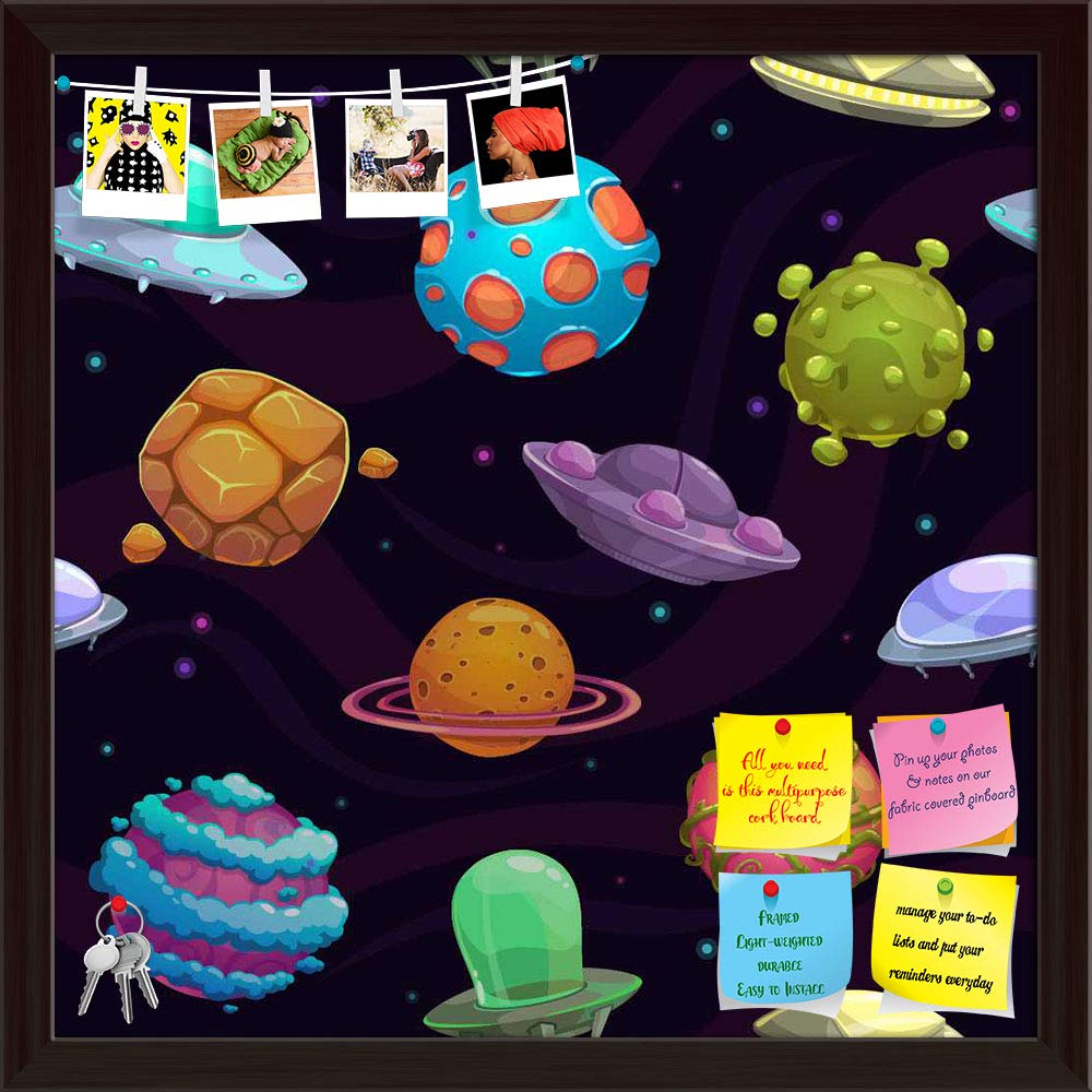 ArtzFolio UFOs & Planets Bulletin Board Notice Pin Board | Vision Soft Board Combo with Thumb Push Pins | Dark Brown Frame 20 x 20 inch (51 x 51 cms)