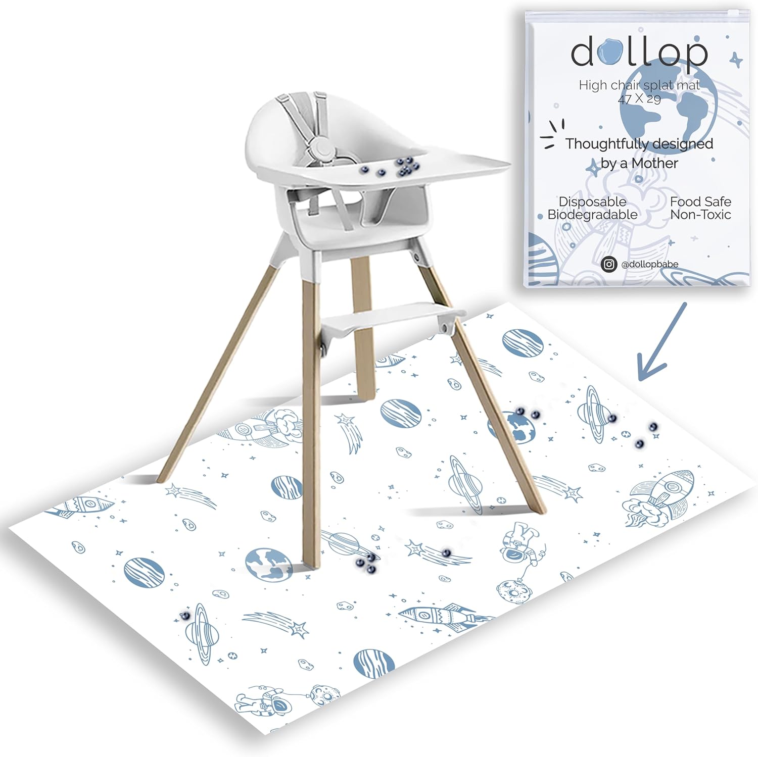 Food Catcher Splat Mat for Underneath Highchair | Premium Durable Material | Biodegradable | Disposable (30 Count)| Compatible with All Highchairs | Baby Food Mess Catcher- (Blue Out of This World)