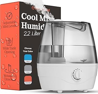 Cool Mist Humidifier - 2.2L Water Tank, for Bedroom, Baby, Quiet Ultrasonic Air Vaporizer, Adjustable Mist Level, 360 Nozzle Rotation, Auto-Shut Off, Large Area Humidifiers Easy Fill and Clean (Grey)