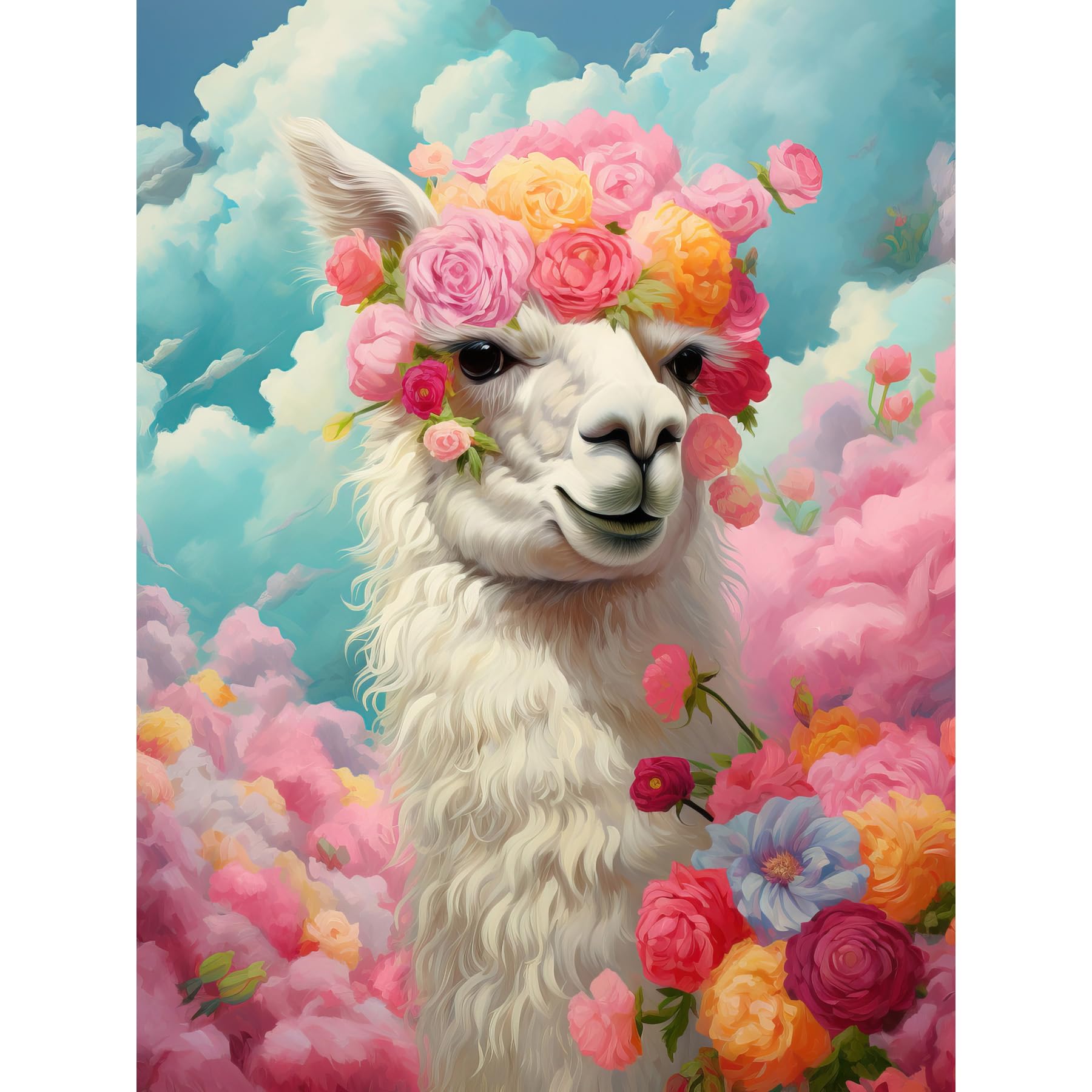 Artery8 Head in the Clouds Conceptual Artwork Fabulous Carefree Llama with Rose Flower Headband Kids Room Large Wall Art Poster Print Thick Paper 18X24 Inch