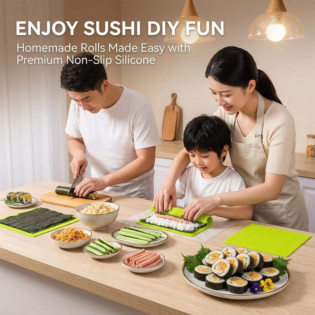 Premium Silicone Sushi Making Kit - Rolling Mat for Beginners and Kids, 8.6 x 7.8 Inch