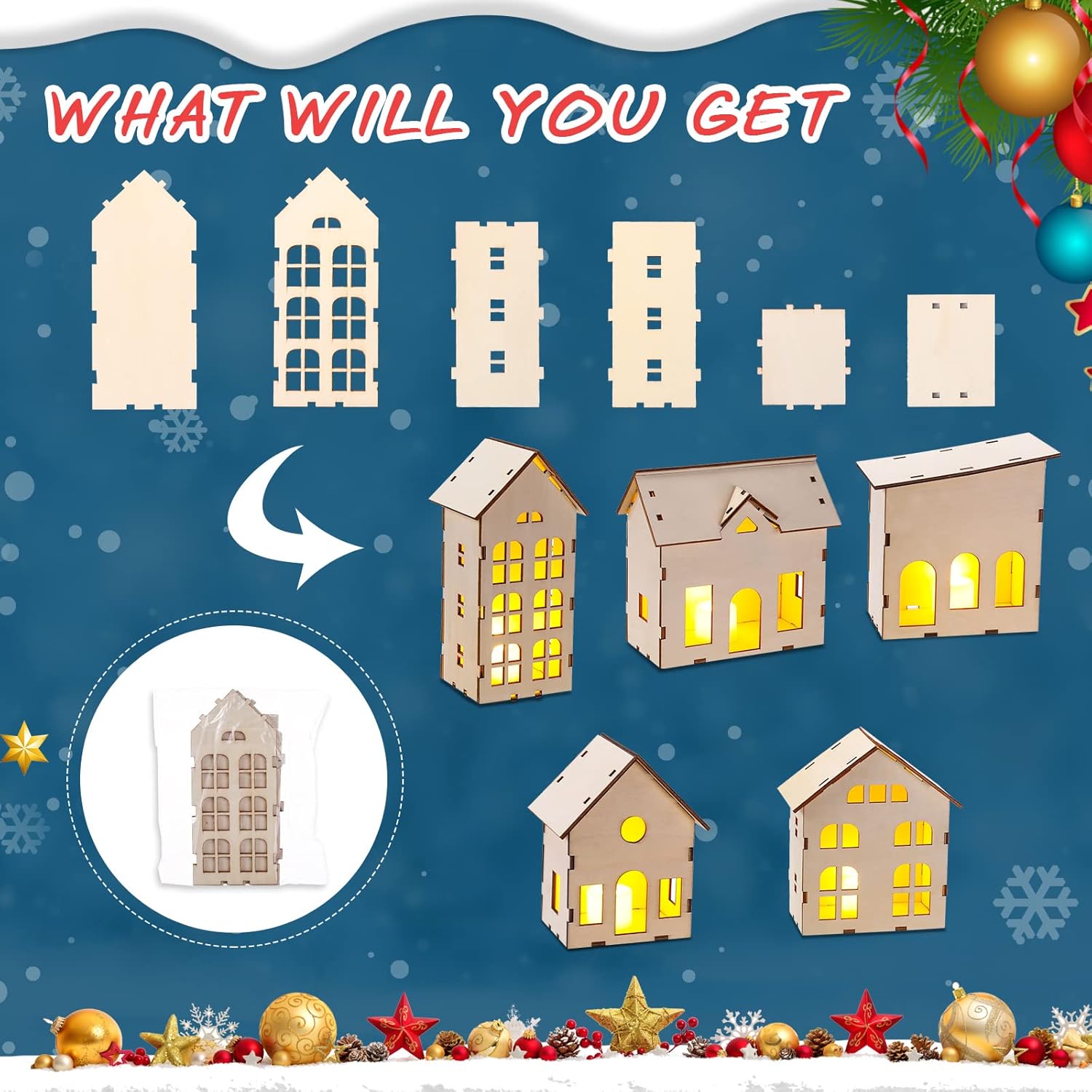 12 Pcs Christmas Village Sets Unassembled Christmas Houses Village Sets with 6 Pcs Christmas Wooden House and 6 Pcs LED Candle Lights Tiny House Ornaments Xmas Light up Village Scene Decorations