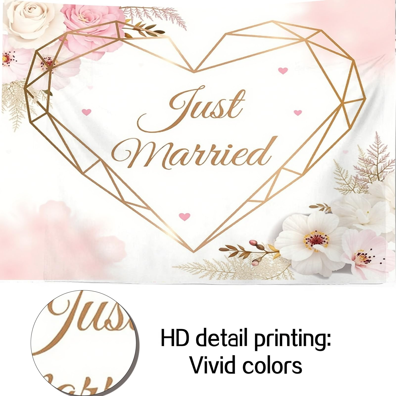 Fotohintergründe mit Aufschrift "Just Married", 238,8 x 180,3 cm, Polyesterstoff, das Herz der Ehe, Hochzeitsdekorationen, Fotohintergrund, Herz, Fotoshooting, Dekoration, Requisiten