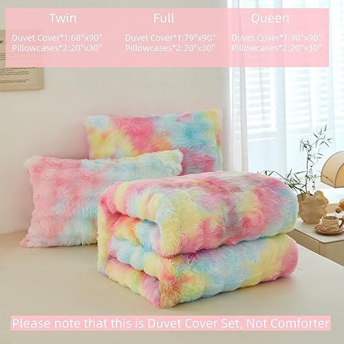 Miniatura 47 de SUCSES Faux Fur Duvet Cover Set Twin Size, Tie Dye Rainbow Plush Shaggy Girls Bedding Set, Soft Velvet Fluffy Fuzzy Ombre Comforter Cover Set