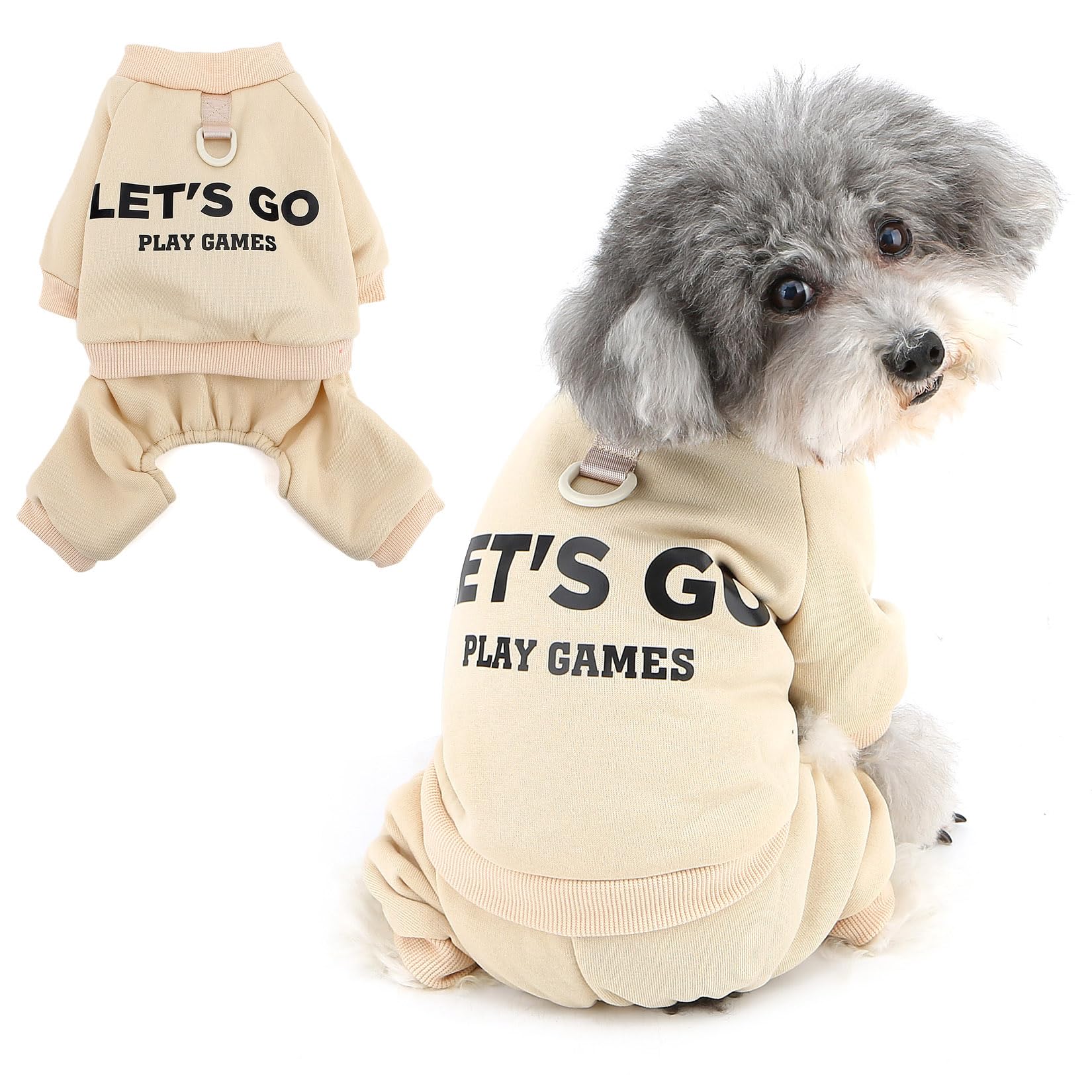 Ranphy Dog Tracksuit for Small Dogs Warm Puppy Jumpsuit with D-Ring and Letter Print Soft 4-Leg Pet Sweatshirt Pjs Cozy Comfortable Outfit Autumn Overall Chihuahua Yorkie Cat Clothes Beige XL