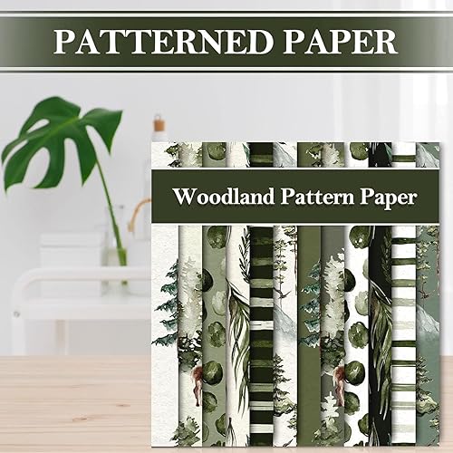 Miniatura 4 de Whaline 24 piezas de papel con patrón de bosque de acuarela blanco y verde, álbum de recortes, papel especial de doble cara para Navidad,