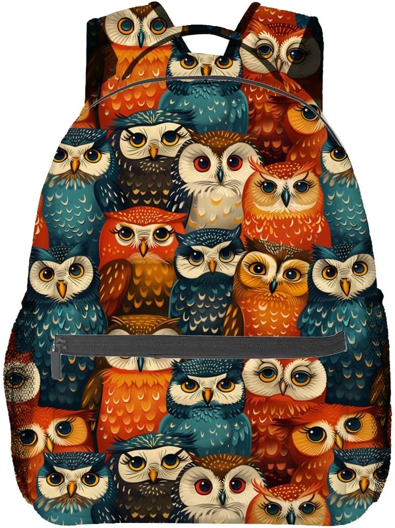 Colorful Owl Backpack, School Laptop Travel Polyester Whimsical Owls Backpacks for Women Kids, Sports Work Back Pack Casual Daypack, Lightweight Rucksack Gifts for Hiking Camping Gym