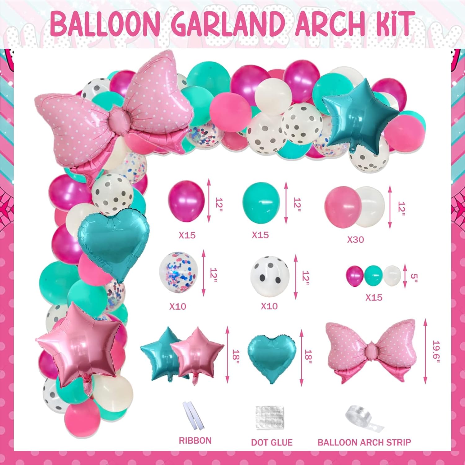 108 PCs Surprise Birthday Party Decorations, Homond Doll Themed Cartoon Birthday Party Decorations Backdrop Balloon Garland Arch Banner Cake Cupcake Topper Star Bow Tie Spot Pink Teal Blue