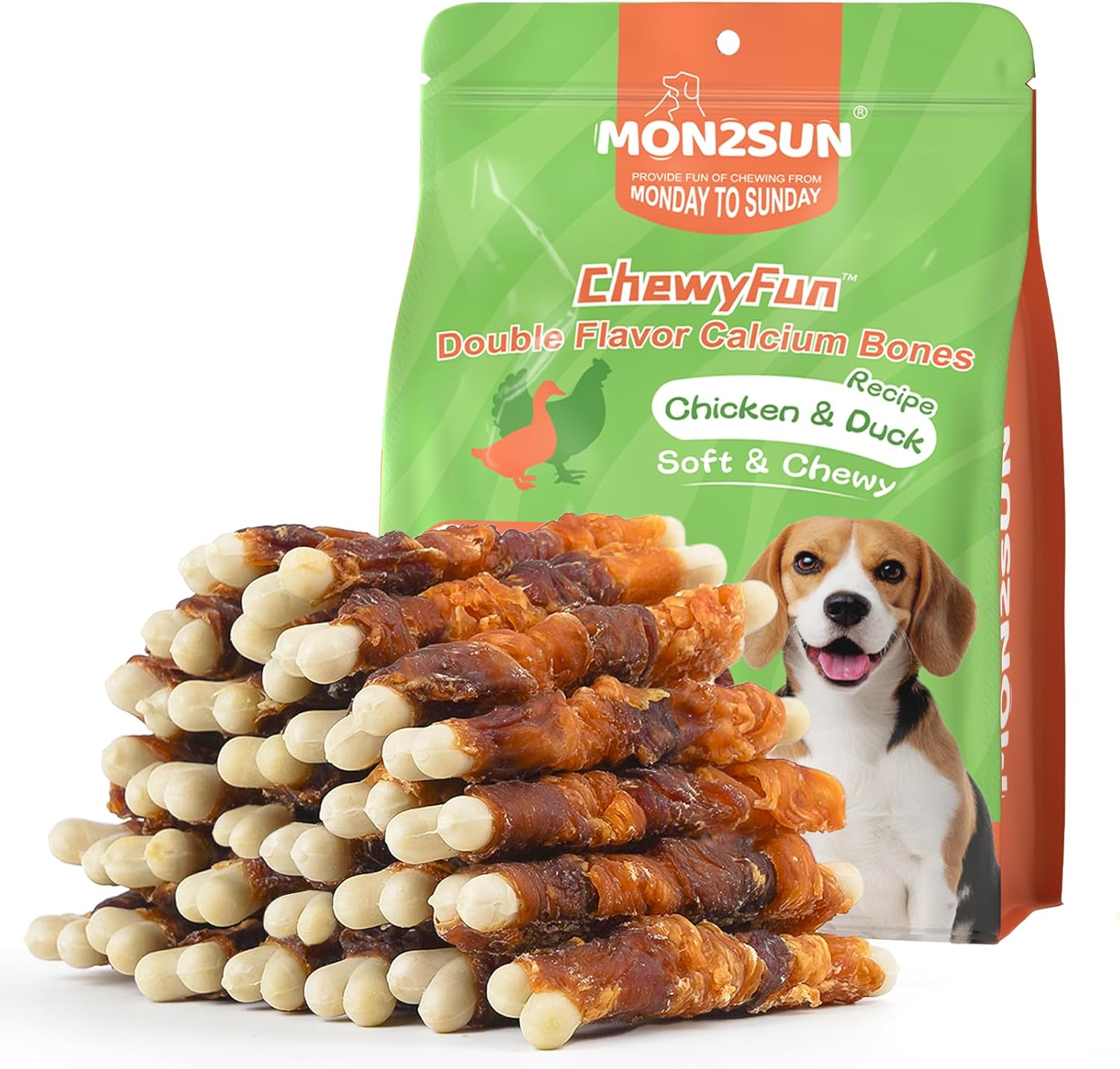 MON2SUN Double Flavor Dog Treats, 4 Inch Chicken and Duck Wrapped Calcium Bones, Rawhide Free Chews for Small Dogs, Teeth Cleaning Bones, 21.16oz (30 Count-Pack of 1)