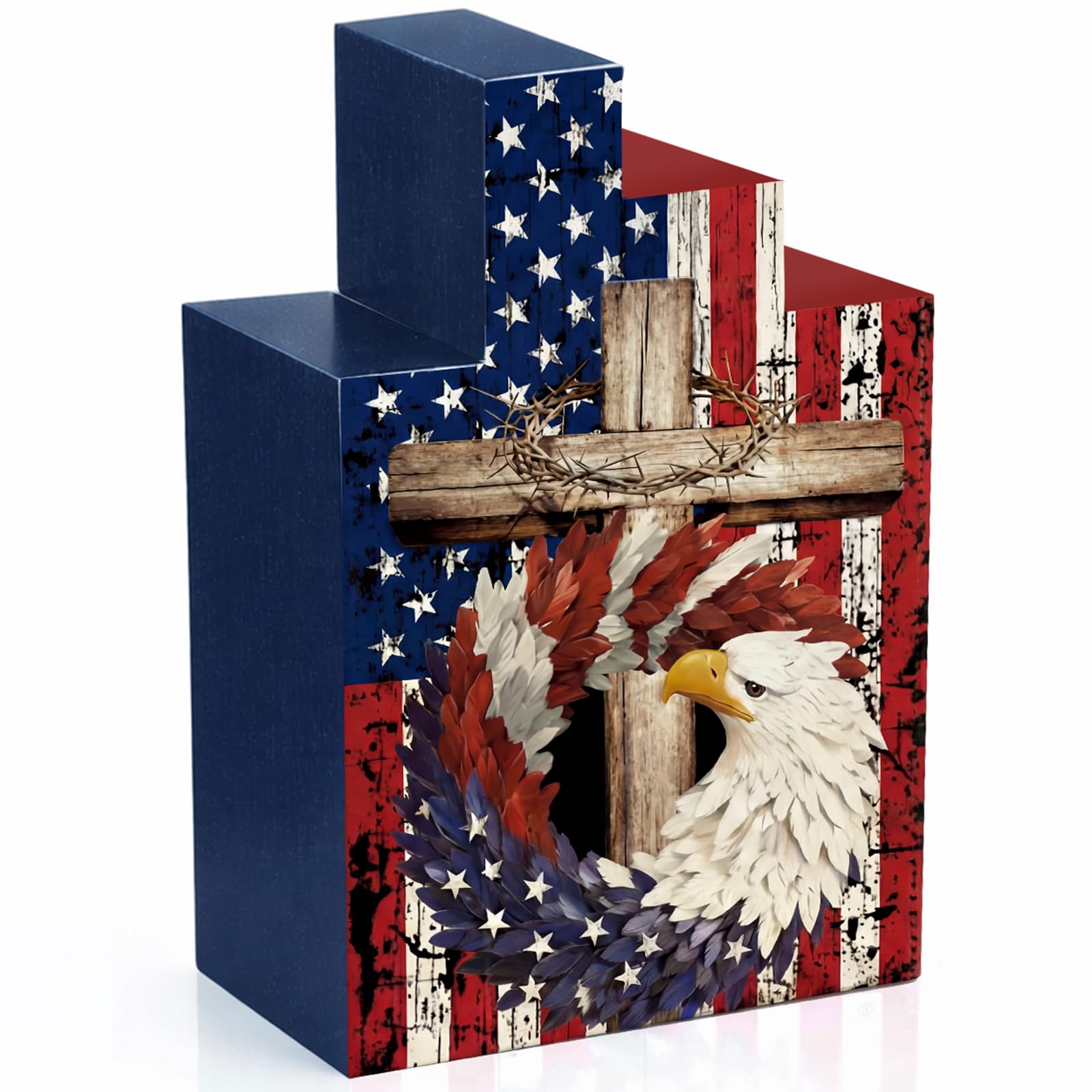Amyhill 4 Pcs 4th of July Decorations Set Wooden Patriotic Table Centerpieces Independence Day Wood Firework Fourth of July Table Signs for 250th Anniversary Home Farmhouse Decor (Pattern Style)