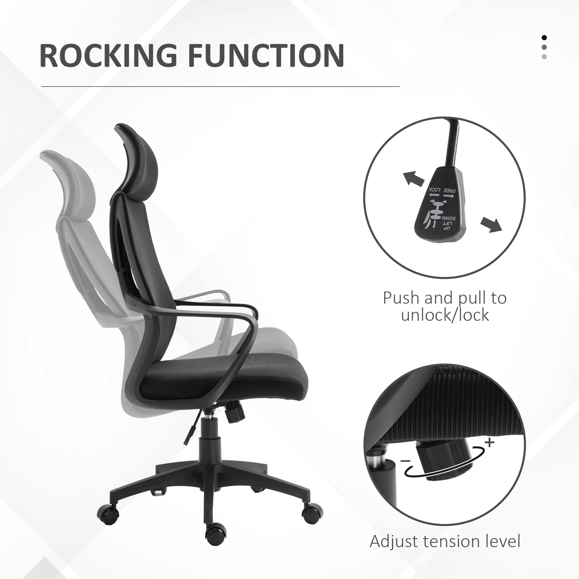 Vinsetto Silla ergonómica respaldo alto con lumbar y reposacabezas negro | Silla de ordenador, silla de malla, ruedas, altura ajustable