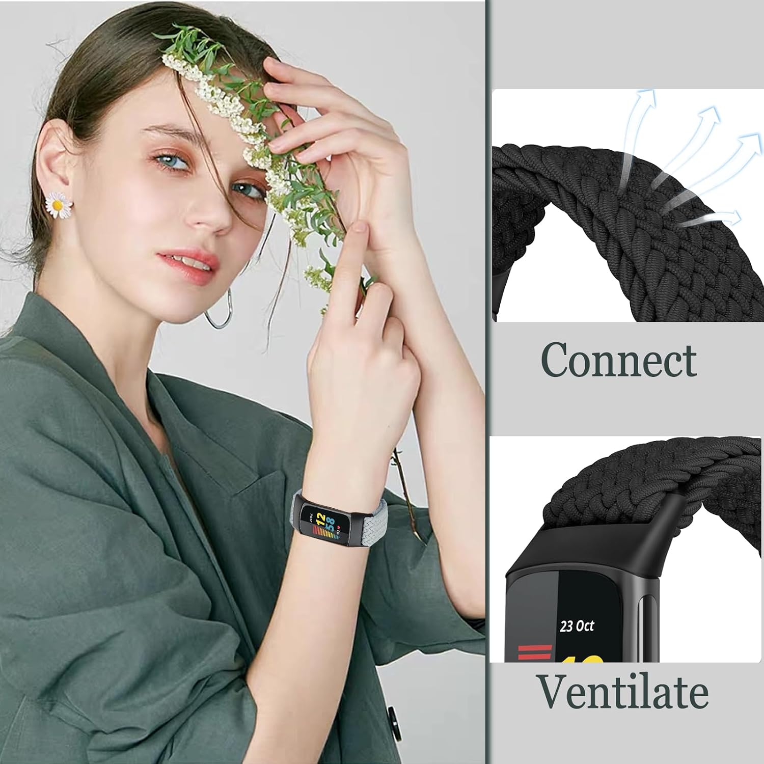 Braided Stretchy Solo Loop Compatible for Fitbit Charge 5 Bands for Women Men, Nylon Elastic Straps Wristbands for Fitbit Charge 5, 5 Packs image 3