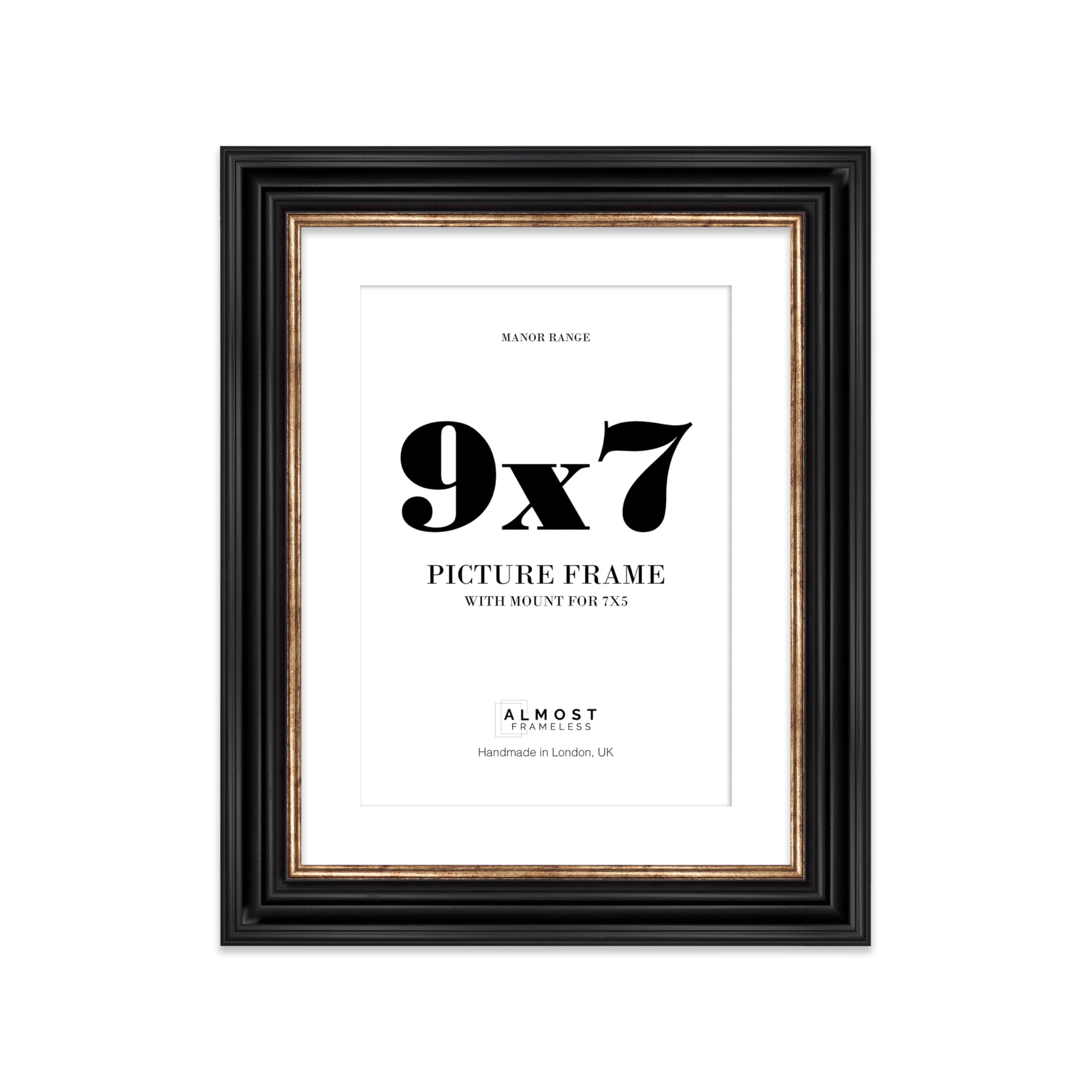 9x7 Black and Gold Picture Frame - 9x7 Frame with 7x5 Mount for 9x7/7x5 Pictures Vintage Style Photo Display, 1 Pack
