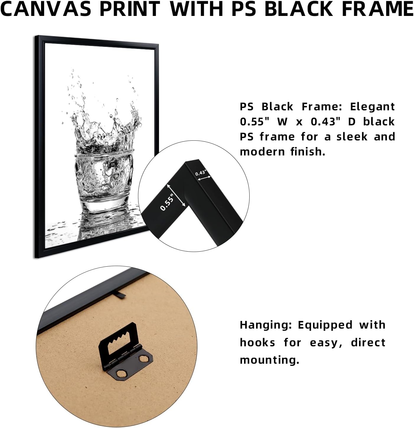 Muzenso 3 Pieces Water Splash Glass Canvas Wall Art12x16 Inch Black and White Modern Kitchen Bathroom Artwork with Black Frame Minimalist Drink Splash Prints Stretched Canvas Ready to Hang