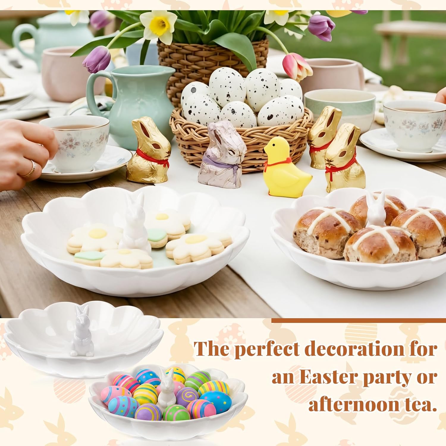 Domensi 2 Pcs Easter Bunny Candy Dish 7 Inch Ceramic Rabbit Plate Candy Bowl Snack Serving Bowl for Dessert Fruits Salads Easter Table Decoration