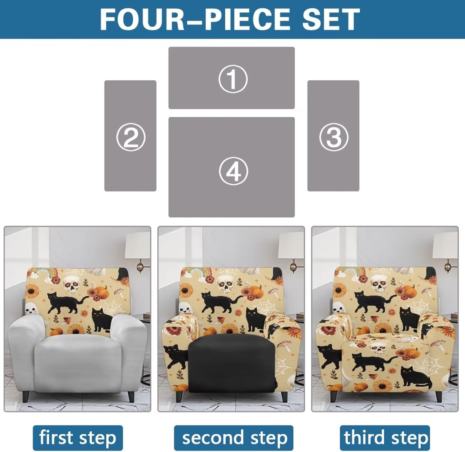 FOR U DESIGNS Cat Skull Pumpkin Sunflower Stretch Recliner Slipcover 4 Pieces for Reclining Chair with Side Pockets Non Slip Soft Fabric Easy Install Halloween Decorations