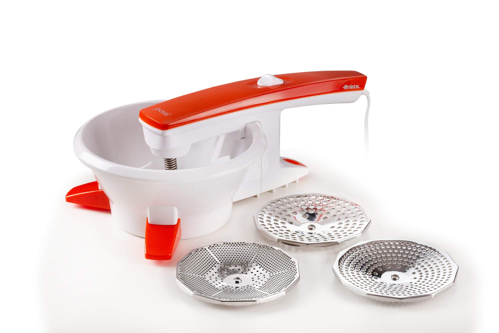 Ariete Passì Orange 2.0 261, Elektrische Passiermühle, 3 Siebscheiben Inklusive, In Einzelteile Zerlegbar und Spülmaschinenfest, 25W, Weiß/Orange