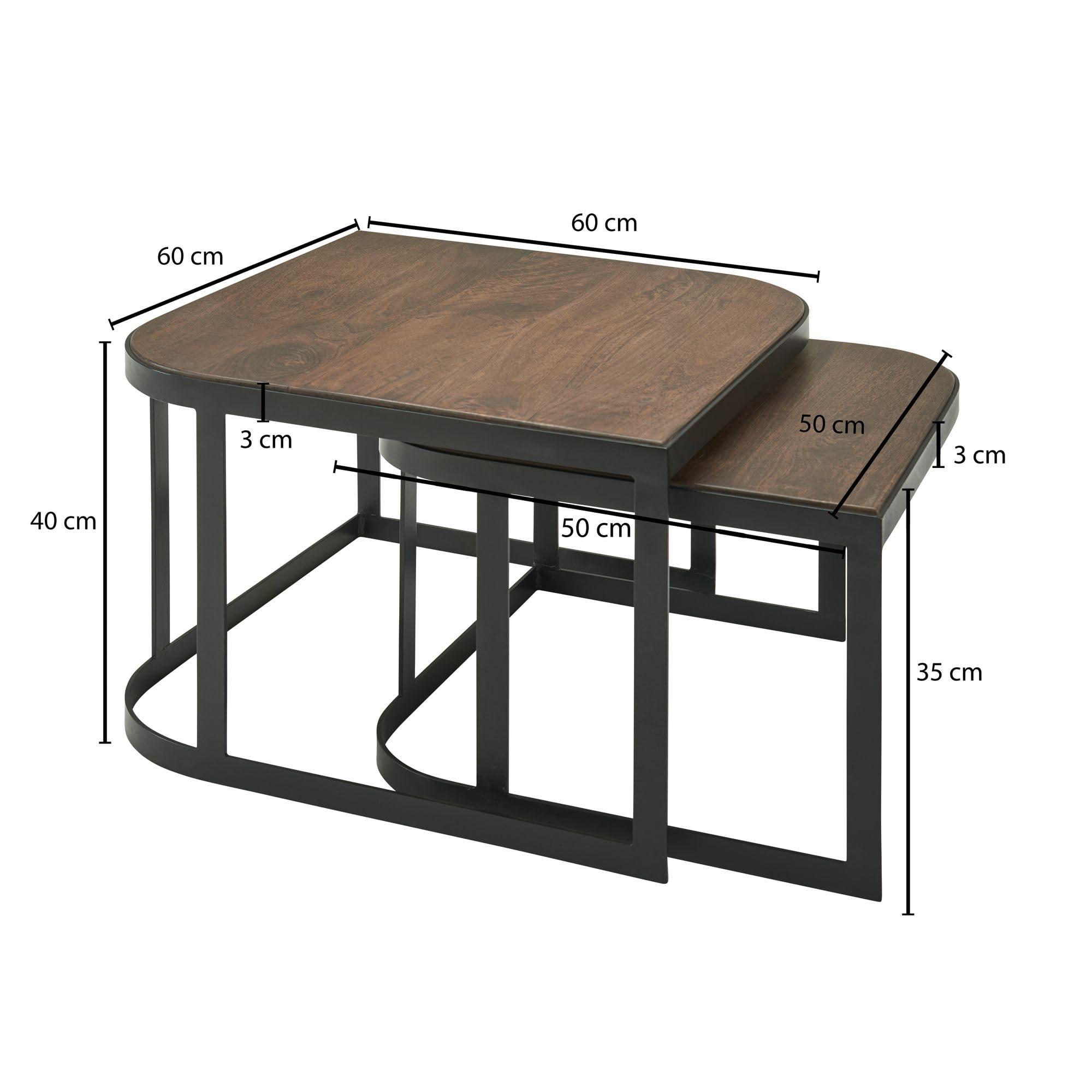 FineBuy Couchtisch 2er Set Mango Massivholz/Metall Wohnzimmertisch Dunkelbraun, Industrial Satztisch Beistelltisch Metallbeine Schwarz, Tischset 2-teilig Satztisch Holz