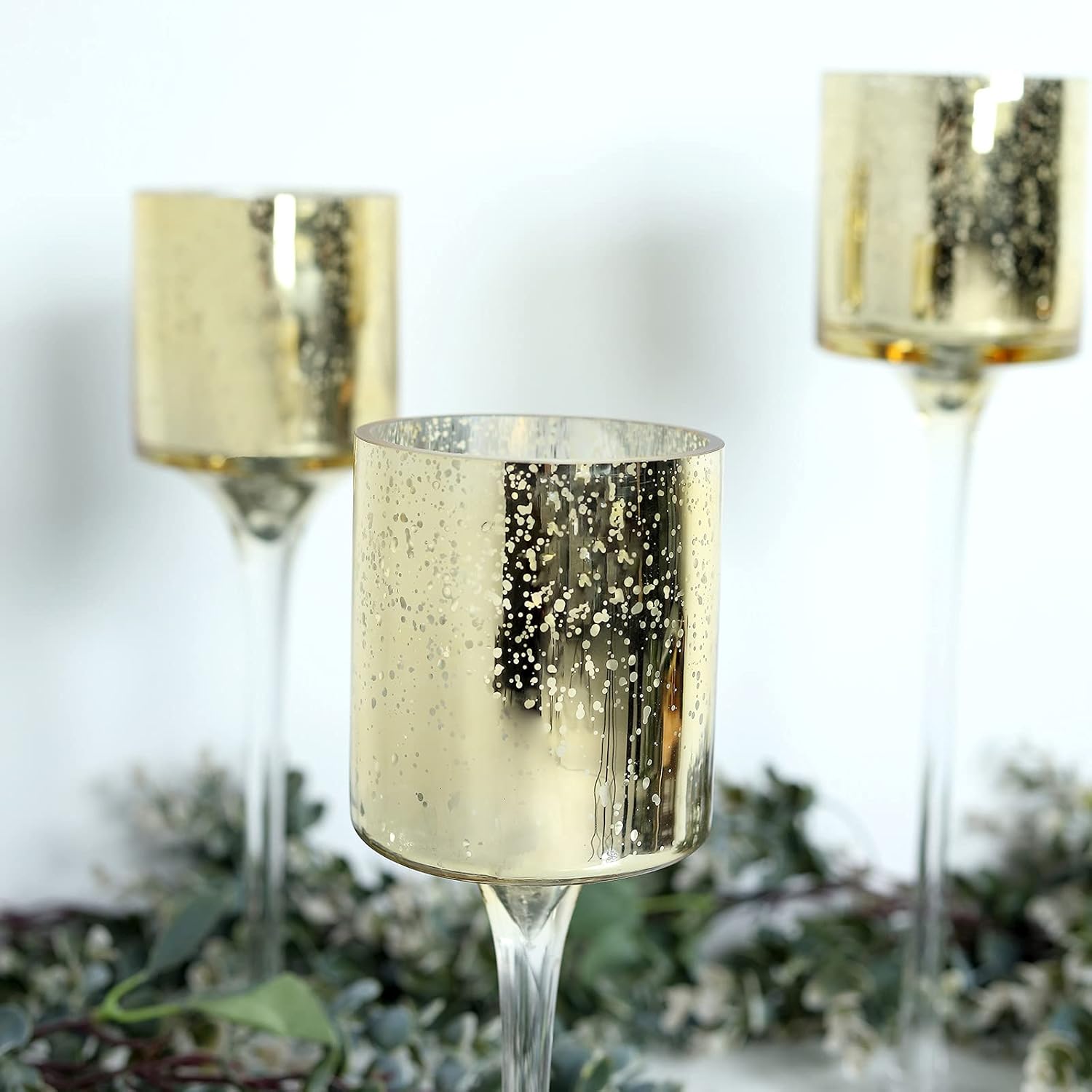 Set of 3 - Long Stem Mercury Glass Cylinder Vase, Candle Holder Set Wedding Decor - 12"|14"|16" - Gold