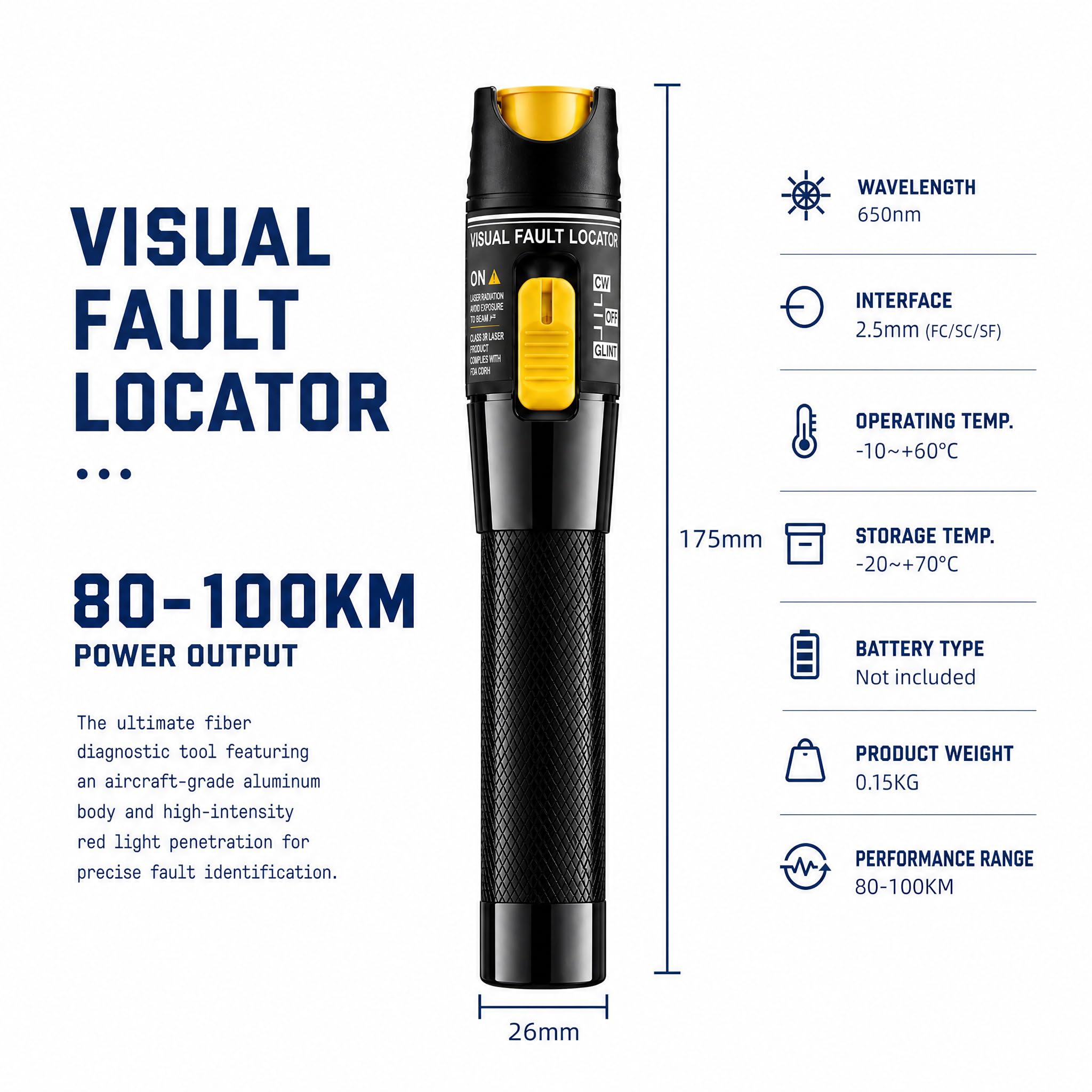 Localisateur visuel de défauts | testeur de câble à fibre optique 100mW | Avec 2 adaptateurs | compatible avec les connecteurs SC/FC/ST/LC | longueur d'onde 650 ± 10 nm