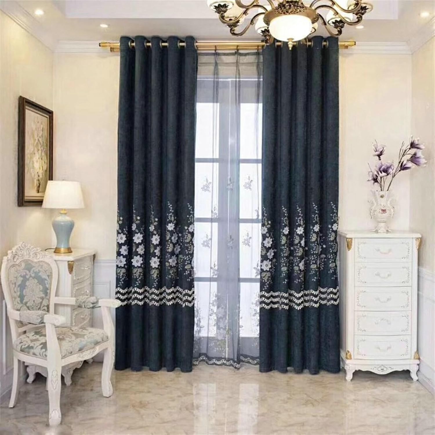 Blackout Living Room Curtain 2 Panel Sets 45 inch Long, Chenille Window Treatments Blackout Curtains Hook Embroidered Flowers Leaves Window Curtain for Bedroom Grey Blue, 38 x 45 Inch