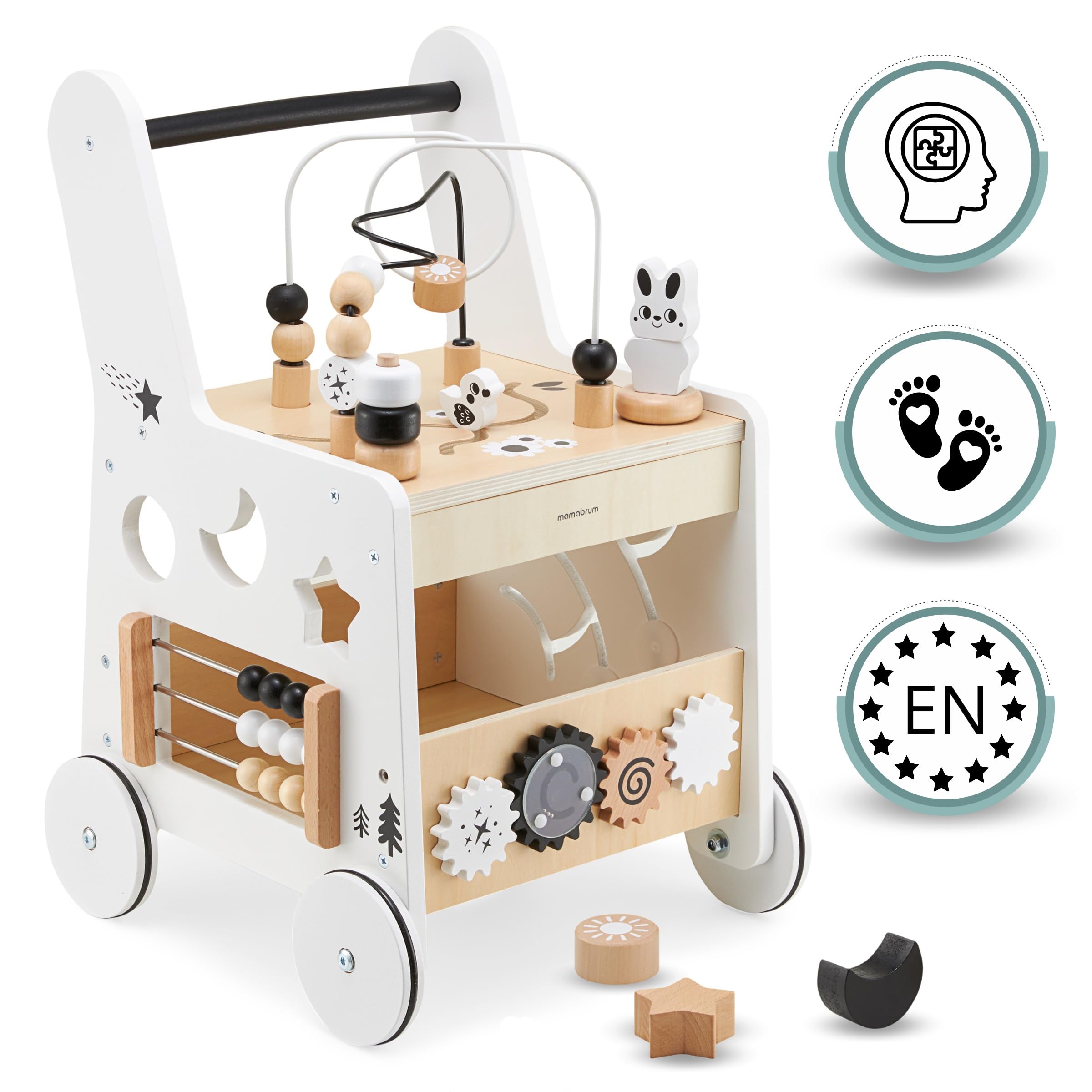 Mamabrum Caminadora y Andador Bebé 6 en 1 - Mesa Educativa de Madera con Ábaco, Engranajes y Juegos - Centro de Actividades para Primeros Pasos - 31 x 28 x 49 cm