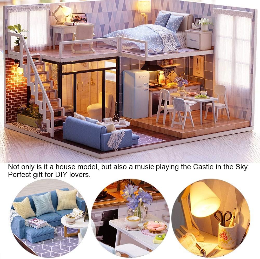 DIY Miniature Dollhouse Kit with Furniture, DIY LED Wooden Kit Plus Dust Proof and Music Movement, Mini Wooden Doll House Creative Room for Valentine's Day Gift