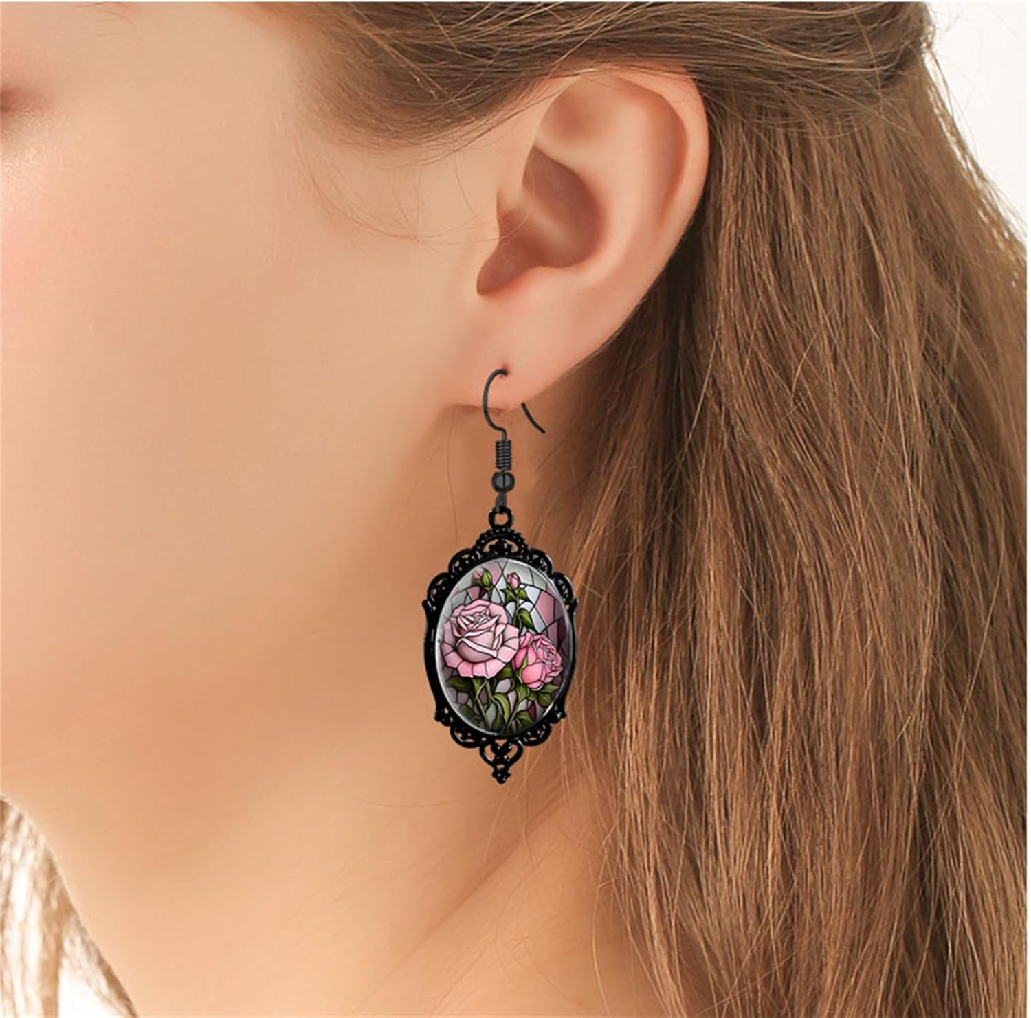 Dreuyet Gothic Rose Cameo Earrings for Women Vintage Crystal Glass Red Rose Flower Earring Goth Mystic Victorian Earring Punk Style Halloween Cameo Earrings Jewelry - Image 3