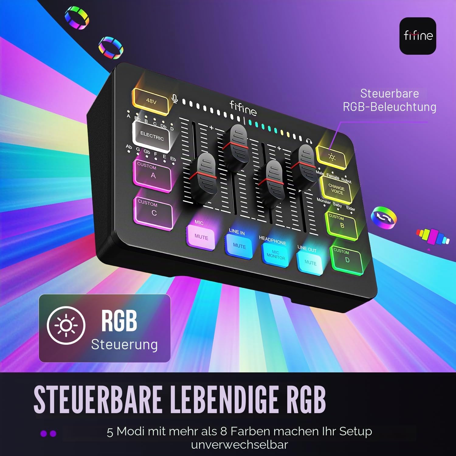 FIFINE Gaming Audio Mixer, Streaming RGB PC Mixer mit XLR Mikrofon Schnittstelle, Individuelle Steuerung, Volume Fader, Stummschalttaste, 48V Phantomspeisung, für Podcast/Aufnahme/Gesang/Spiel