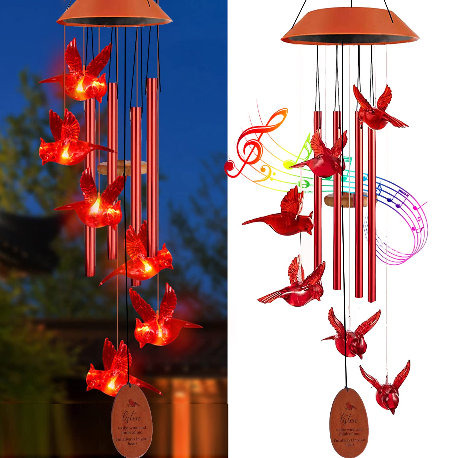 Solar Cardinal Wind Chimes Outdoor, Cardinal Bird Wind Chime Light with 4 Red Metal Tube, Music Wind Chimes Great as a Gift for Women Mom Grandma, Birthday Gifts Memorial Gifts Sympathy Gifts