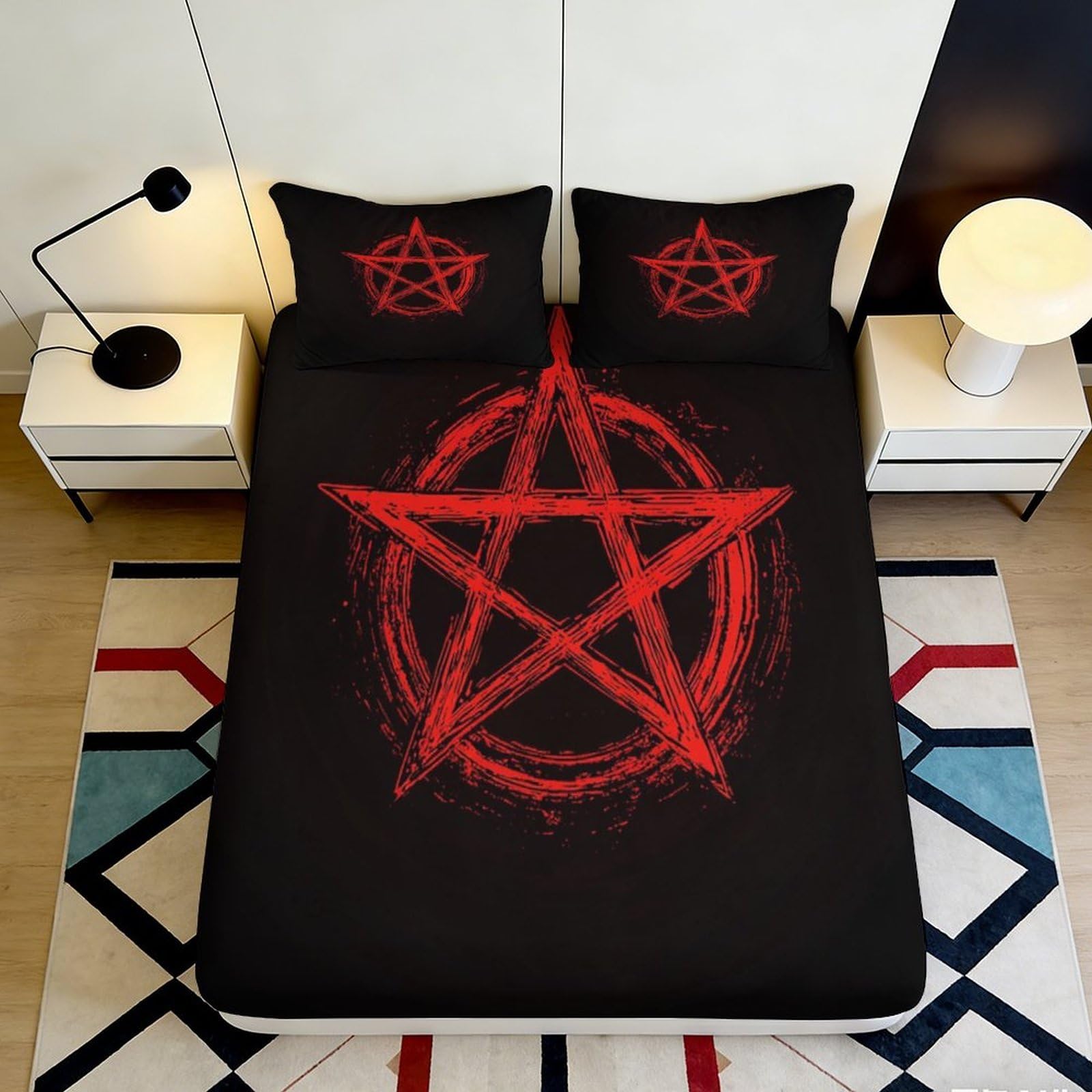 3D Printed Red Pentagram Fitted Sheet Microfiber Soft Breathable Black Star Bed Cover for Bedroom Dormitory Guest Room Mattress Protection 160x200x25cm