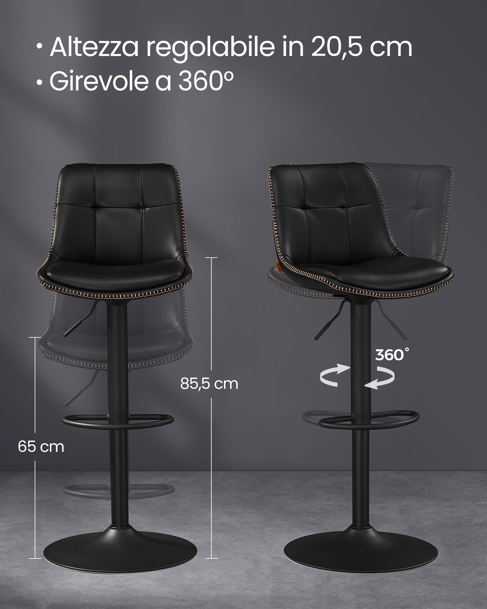 VASAGLE Set di 2 Sgabelli da Bar, Sedie da Bar Girevoli Regolabili in Altezza, PU Trapunta, Sedie da Cucina con Schienale e Poggiapiedi, Sala da Pranzo, Bancone, Acciaio, Nero Inchiostro LJB095B01