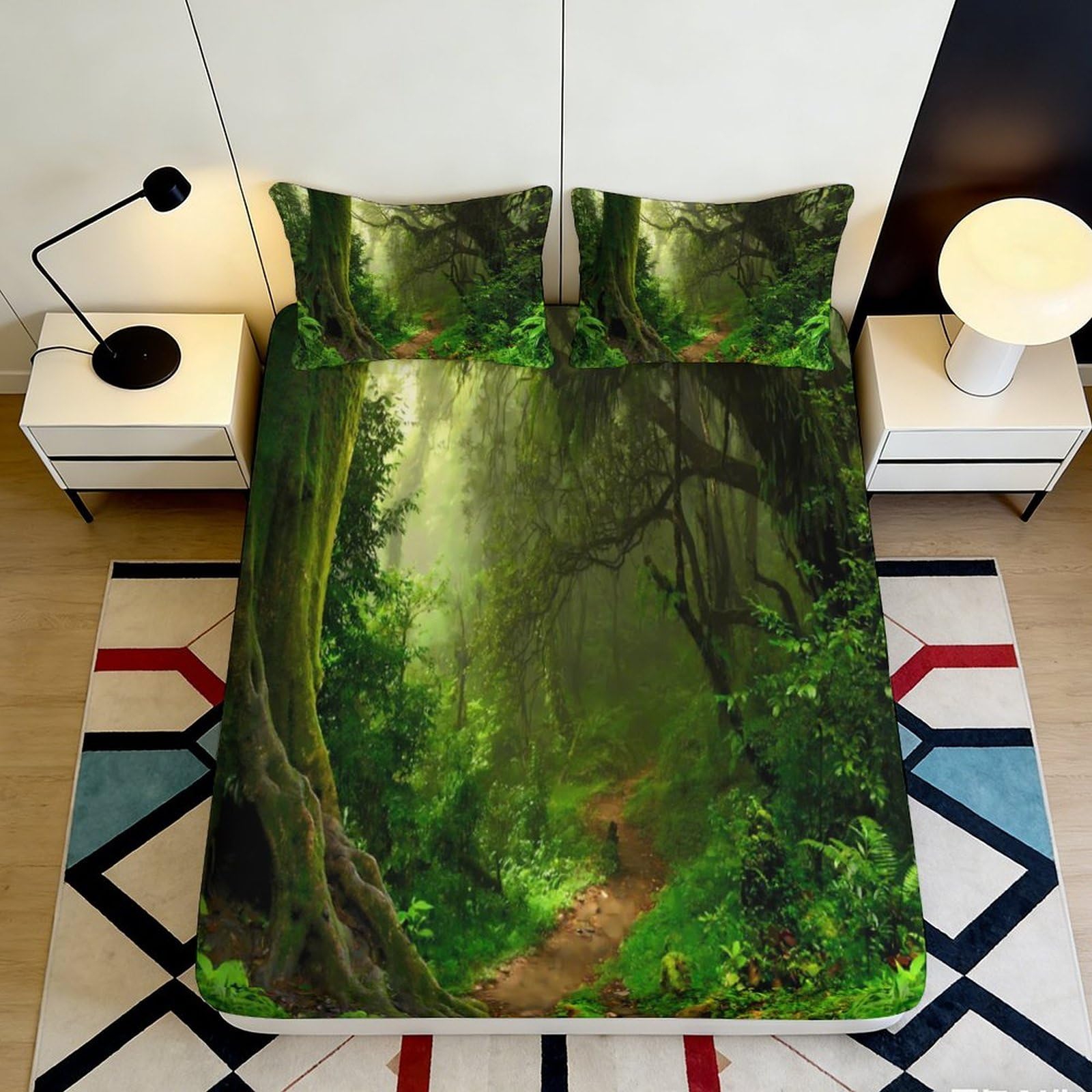 3D Printed Forest Theme Fitted Sheet Microfiber Deep Pocket Bedroom Bedding Non-Slip Forest Mattress Fitted Cover for All Ages 140x200x25cm