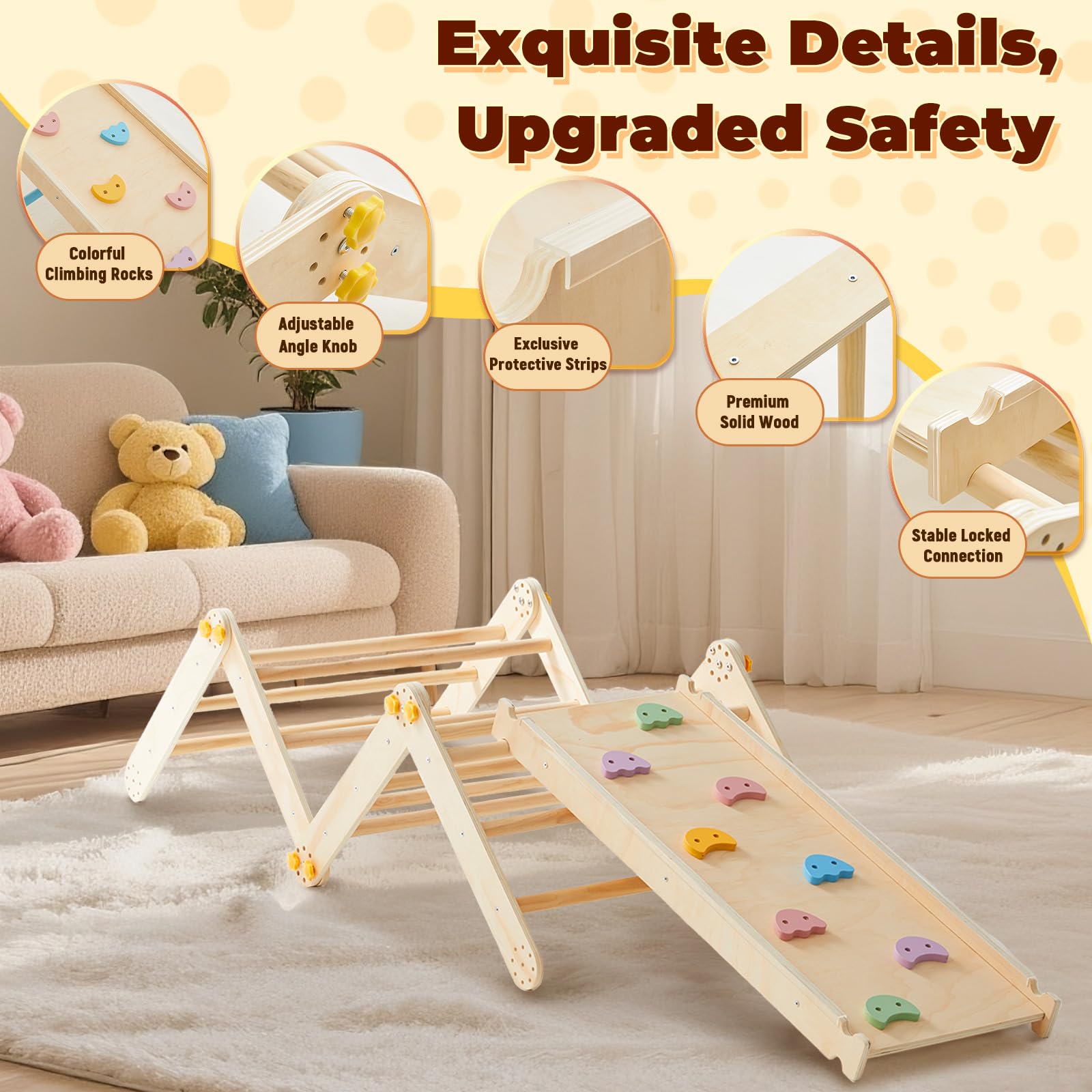 7-in-1 Montessori Klettergerüst Indoor ab 1 Jahr - Kletterdreieck mit Rutsche, Kletterbogen mit Kissen, Pikler Dreieck Baby Klettern Indoor Spielplatz Holz für Kinder und Kleinkinder