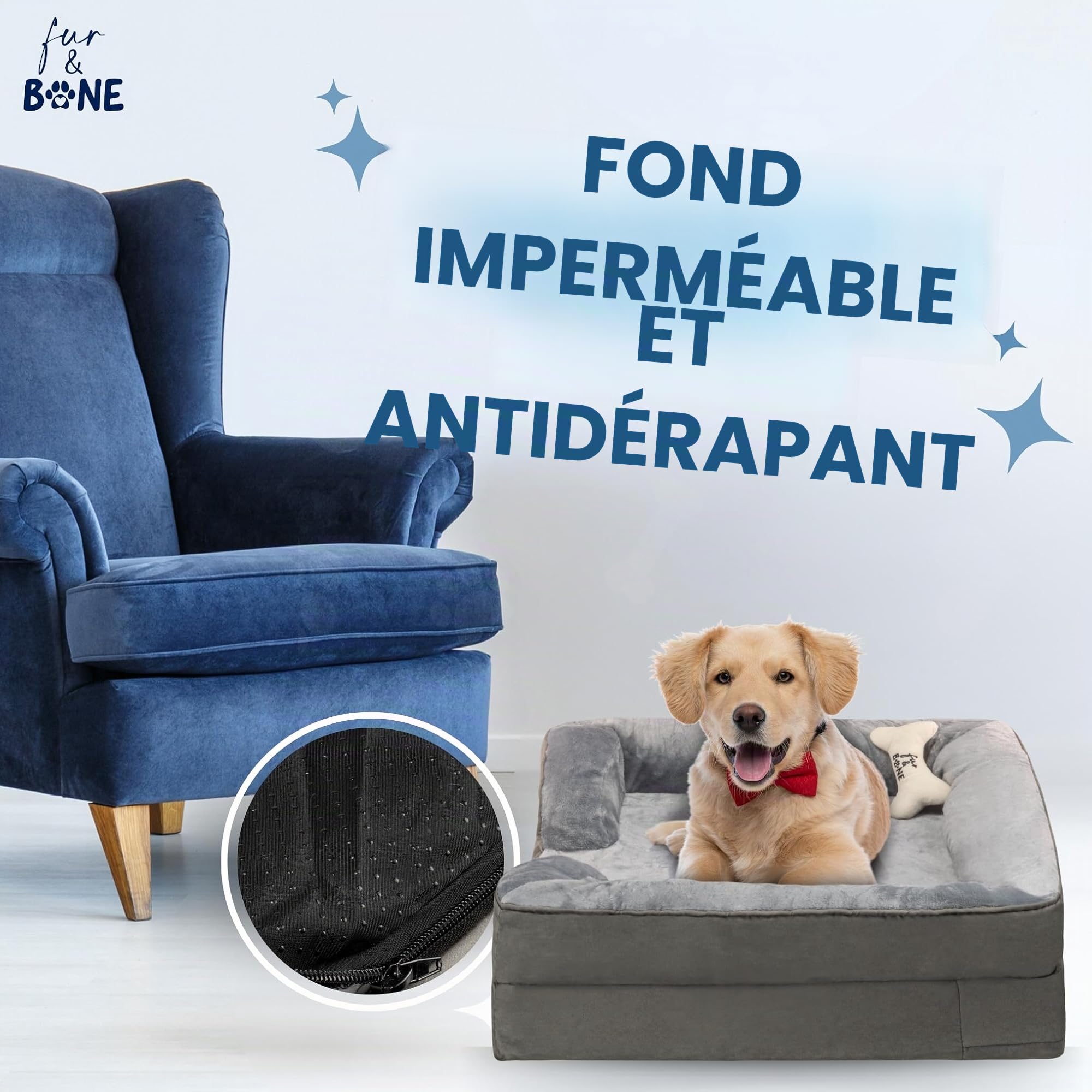 Fur & Bone Lit pour chien de taille moyenne (70 x 58 x 18 cm) - Lit pour chien avec coussin doux - Lit orthopédique pour chien - Housse amovible en velours peluche - Couche imperméable - Fond
