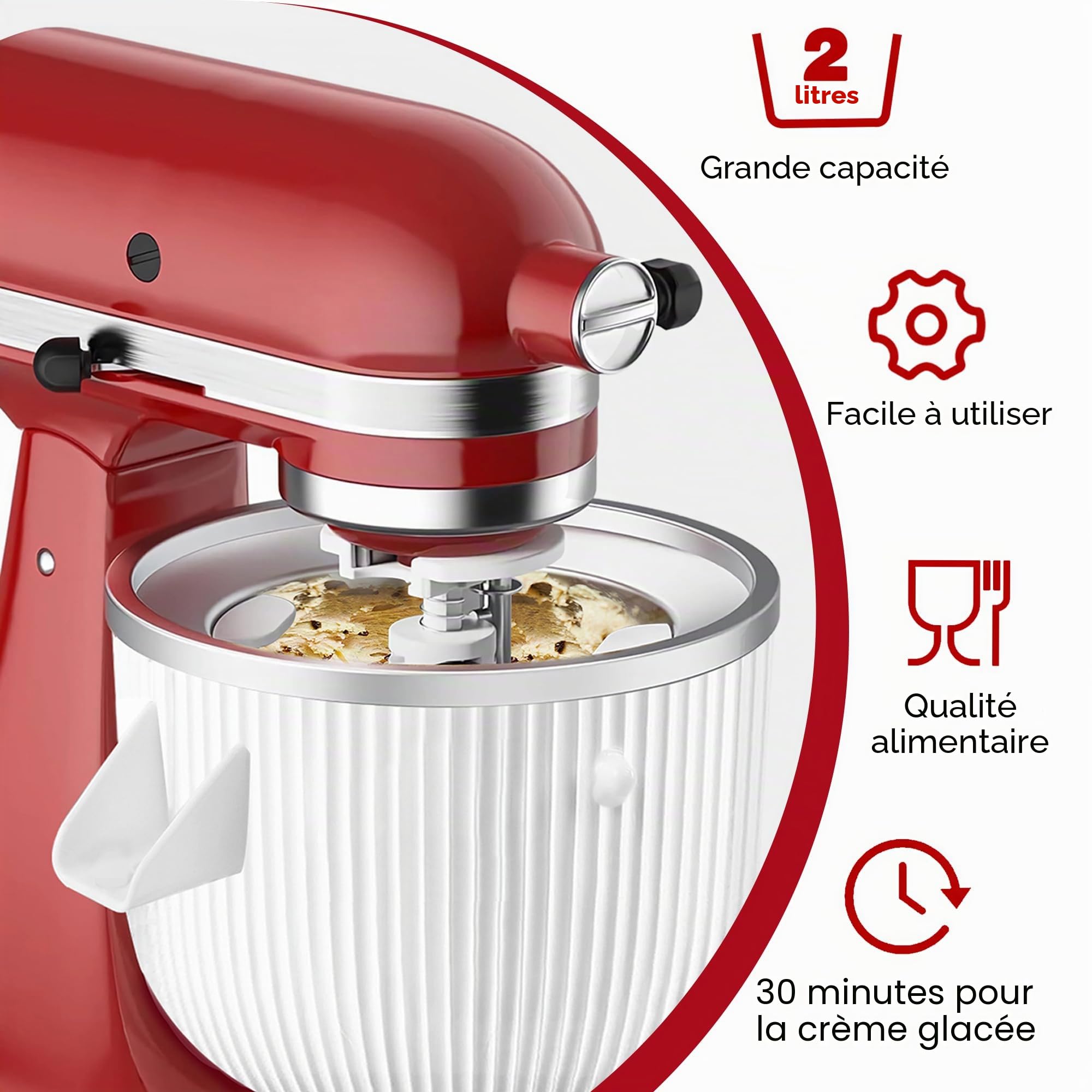 Accessoire pour machine à crème glacée KitchenAid, compatible avec les batteurs sur socle 4,5/5 QT et 6 QT, 2 litres, blanc