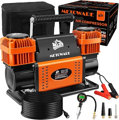 Miniatura 8 de METOWARE Compresor de aire todoterreno, bomba de aire portátil de 12 V con 10.6 CFM, inflador de neumáticos de doble cilindro para coche resistente,
