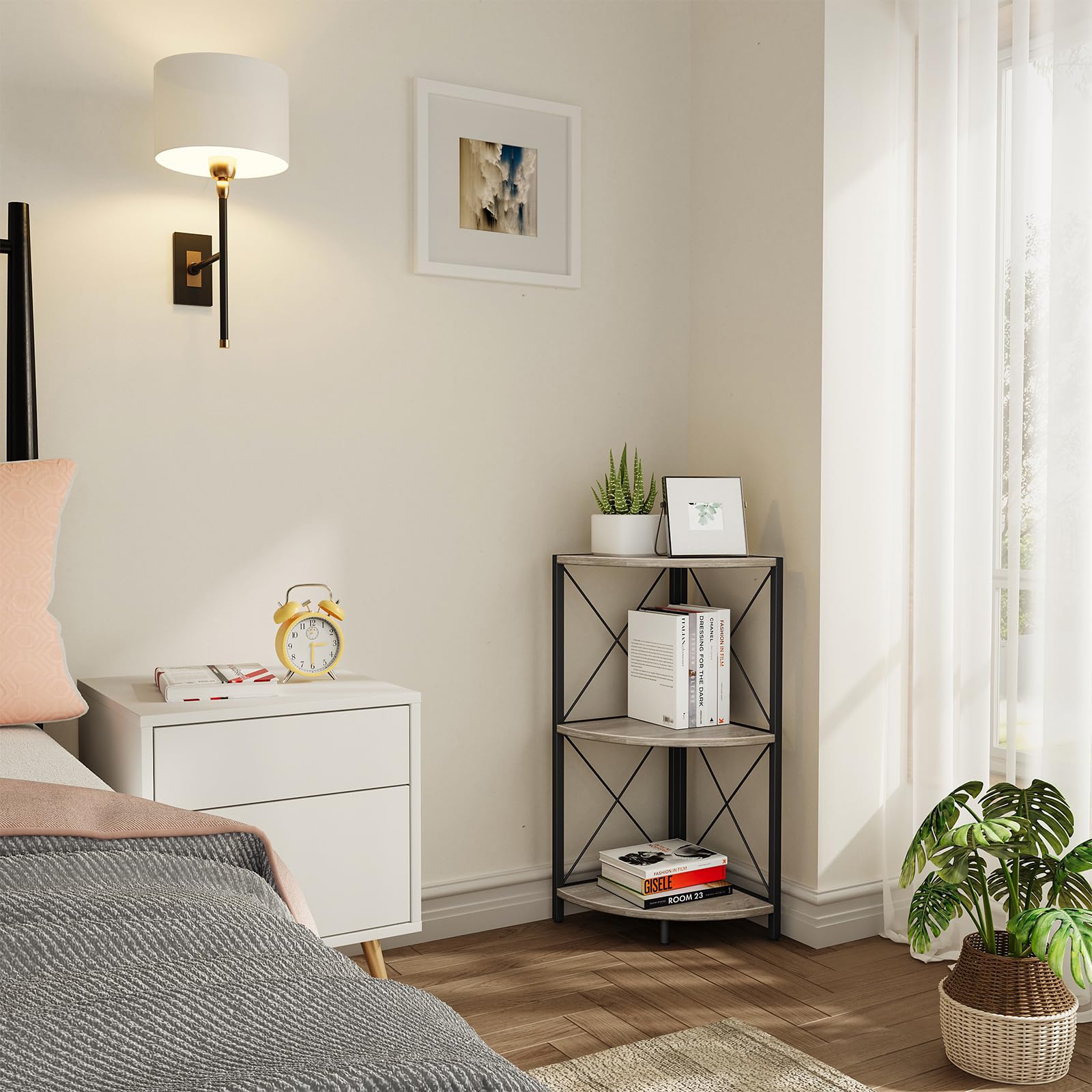 Snughome Corner Shelf for Desktop, 3-Tier Corner Storage Organizer with Metal Frame, Freestanding Corner Shelf Stand Display Rack for Kitchen Counter, Living Room, Grey