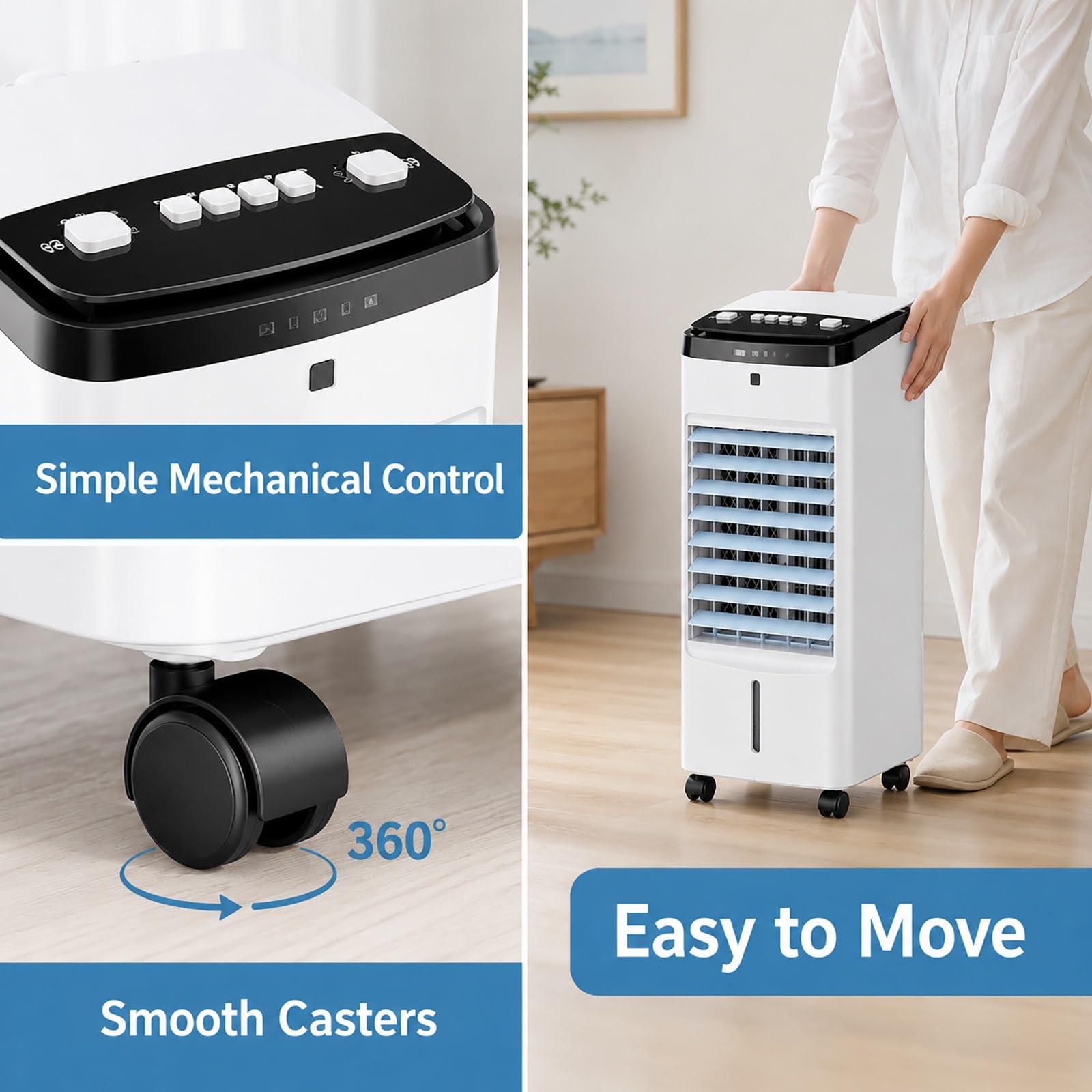 Enfriador de Aire con Ruedas, Climatizador Evaporativo Portátil con Depósito Agua, Ideal para Hogar, Oficina, Dormitorio