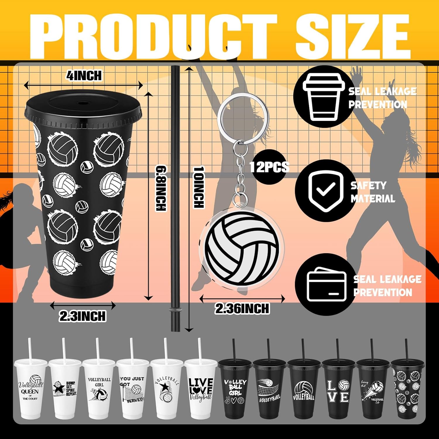Nuogo 24 Pcs Volleyball Party Favor Volleyball Plastic Reusable Cups Tumbler with Lid Straw and 12 Acrylic Keychain Volley Ball Gifts for Team Fan Friend Coach Sport Lovers Gifts Party Supplies