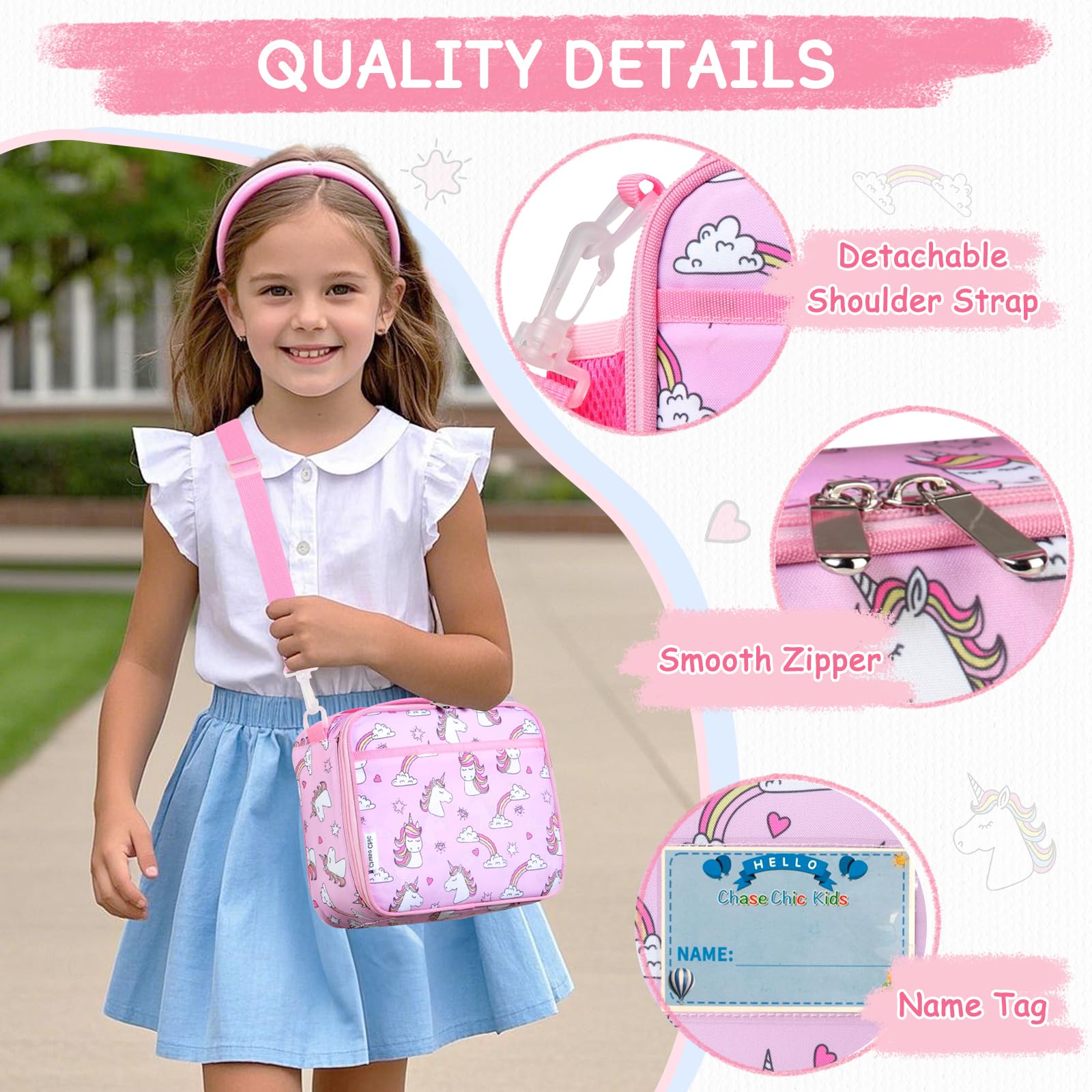 Chase Chic Borsa Termica Bambini, Ragazze Bambino Resistente All'acqua Portapranzo Bambini Scuola 5.8L Borsa Frigo Piccola Bambini per Primaria Viaggi Studenti 3-8 Anni, Unicorno Rosa